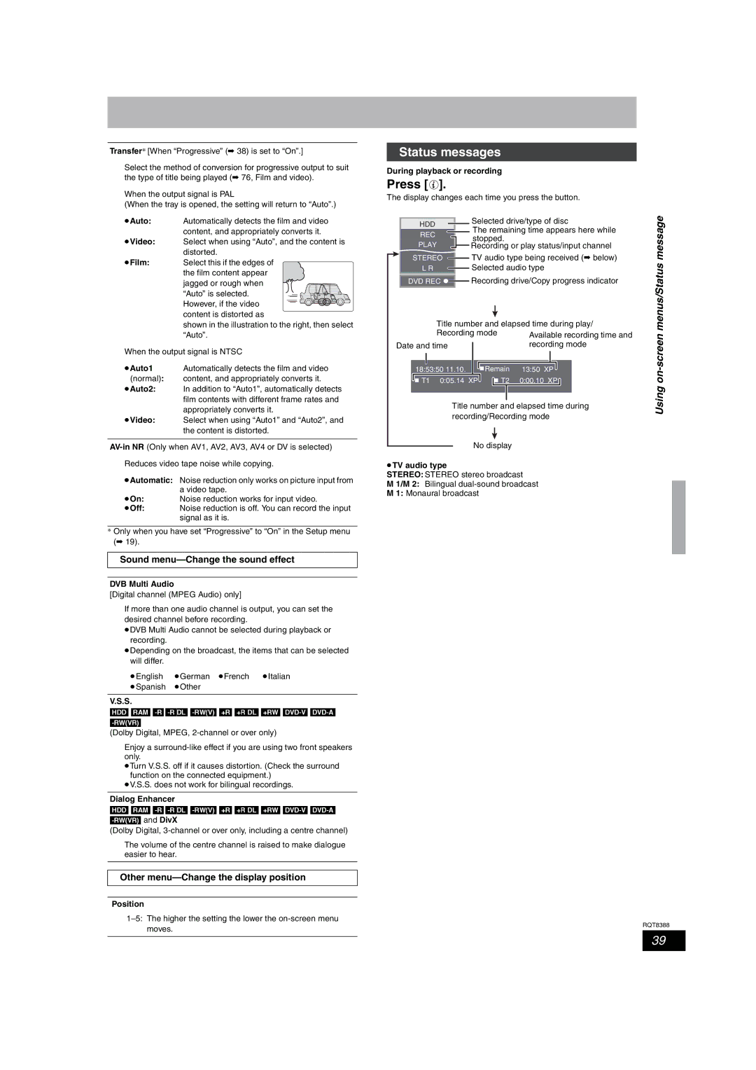 Panasonic DMR-EX75, DMR-EX85 manual Status messages, Press 