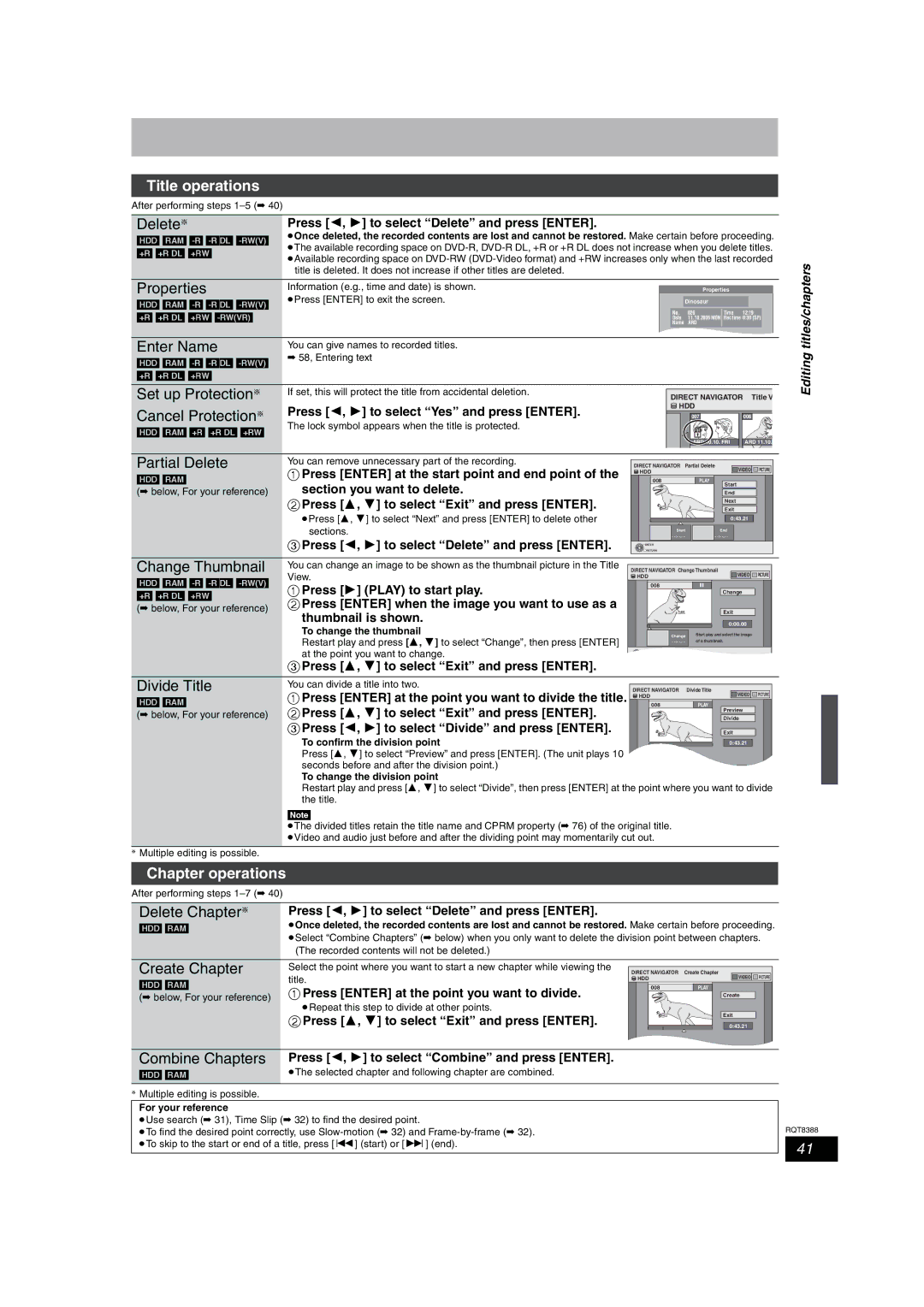 Panasonic DMR-EX85 manual Title operations, Set up Protection §, Cancel Protection §, Partial Delete, Change Thumbnail 