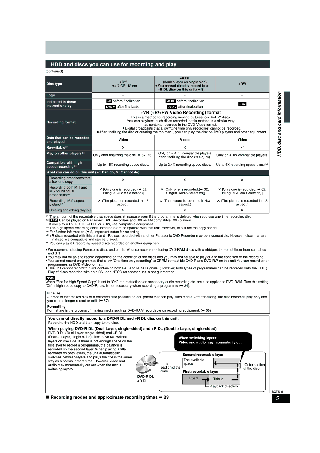 Panasonic DMR-EX75, DMR-EX85 manual +R/+RW Video Recording format, HDD, disc and card information, +R Dl, +Rw 