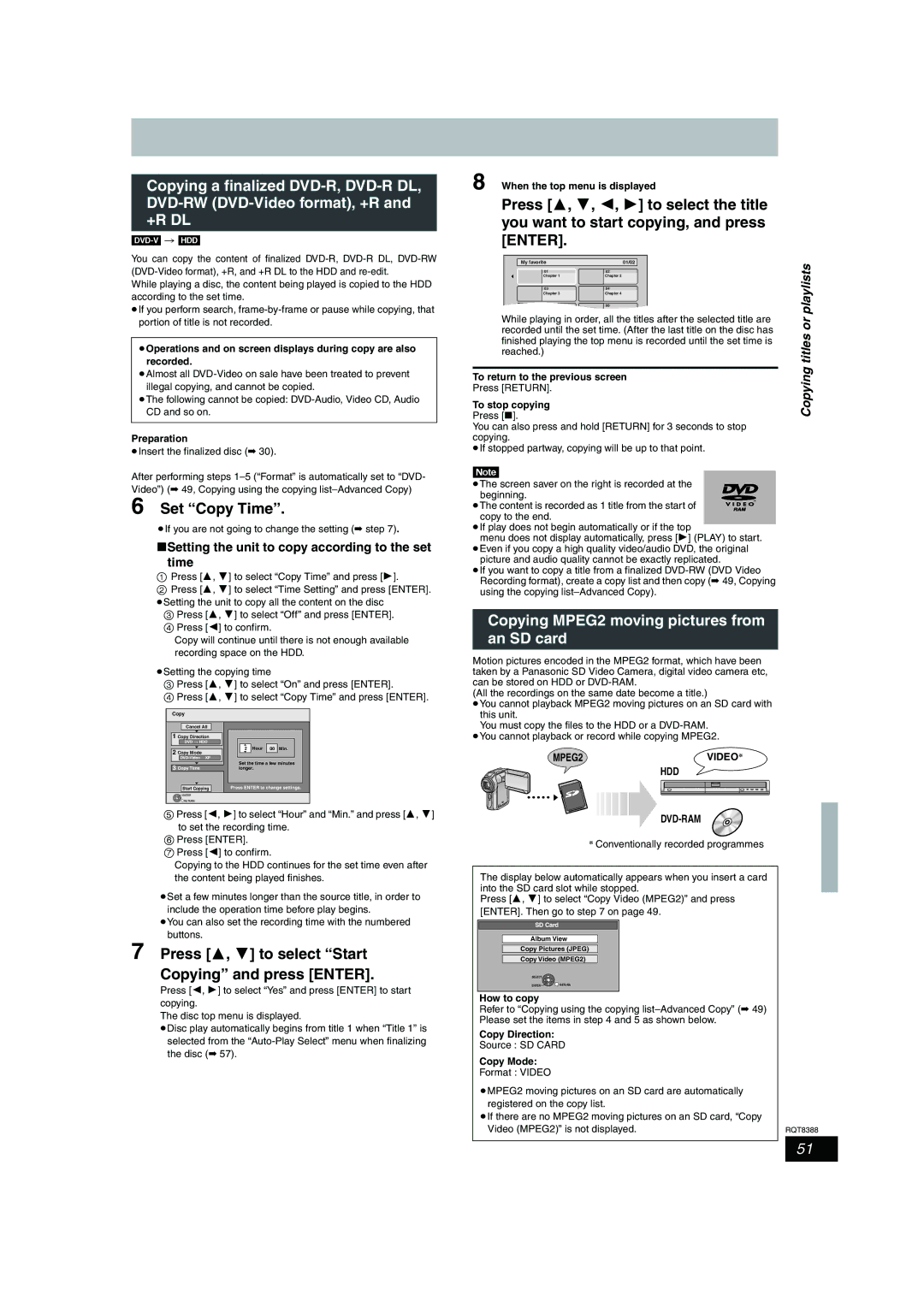 Panasonic DMR-EX85 manual Set Copy Time, Copying MPEG2 moving pictures from an SD card, MPEG2VIDEO§ HDD DVD-RAM 