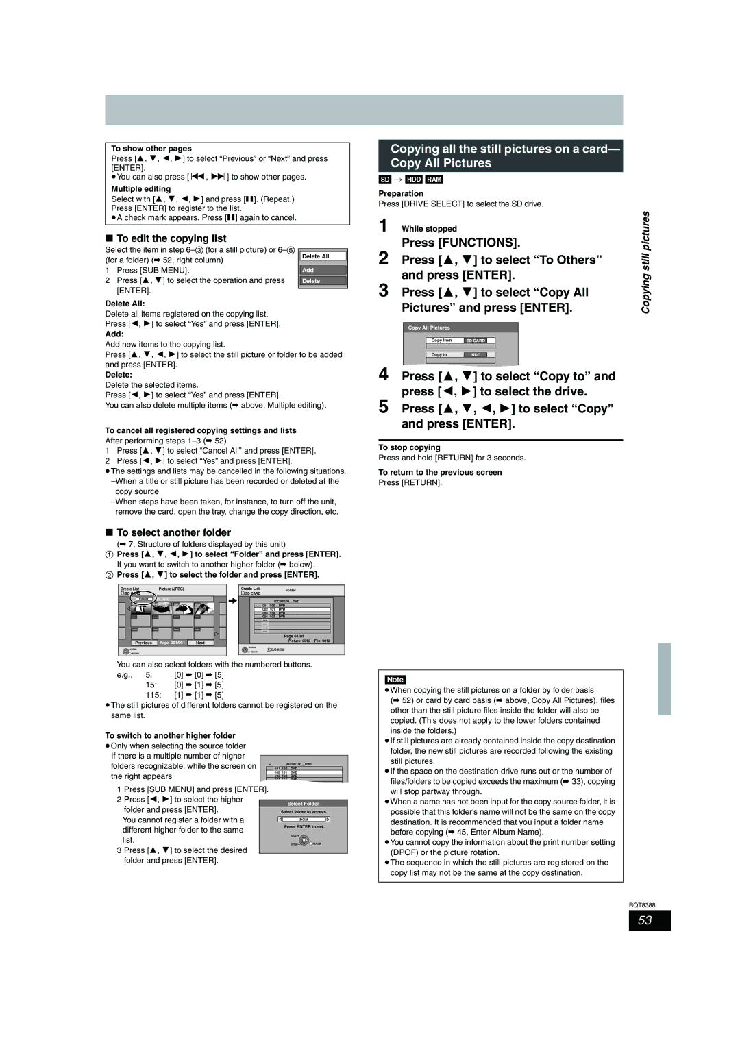 Panasonic DMR-EX85 Copying all the still pictures on a card- Copy All Pictures, Press 3, 4 to select To Others, Still 