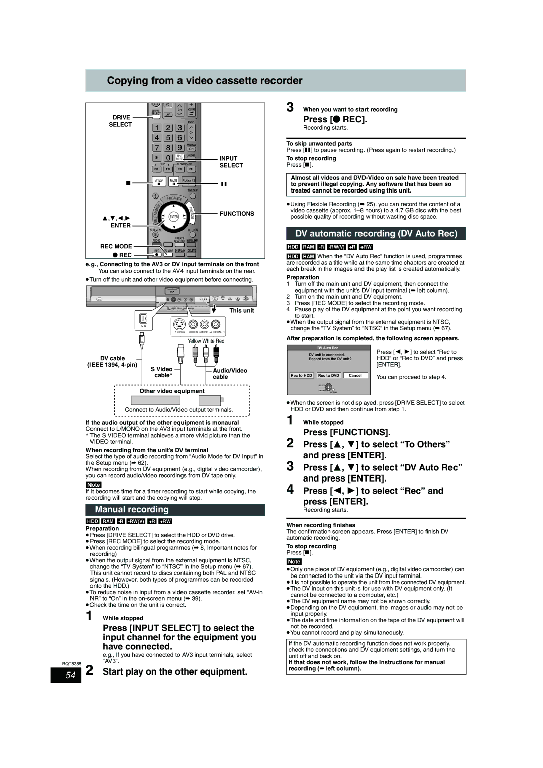 Panasonic DMR-EX75, DMR-EX85 manual Copying from a video cassette recorder, Press ¥ REC, DV automatic recording DV Auto Rec 