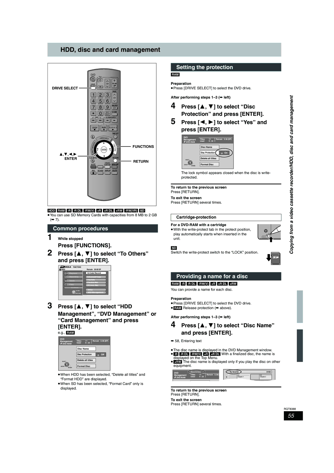 Panasonic DMR-EX85 HDD, disc and card management, Common procedures, Setting the protection, Providing a name for a disc 