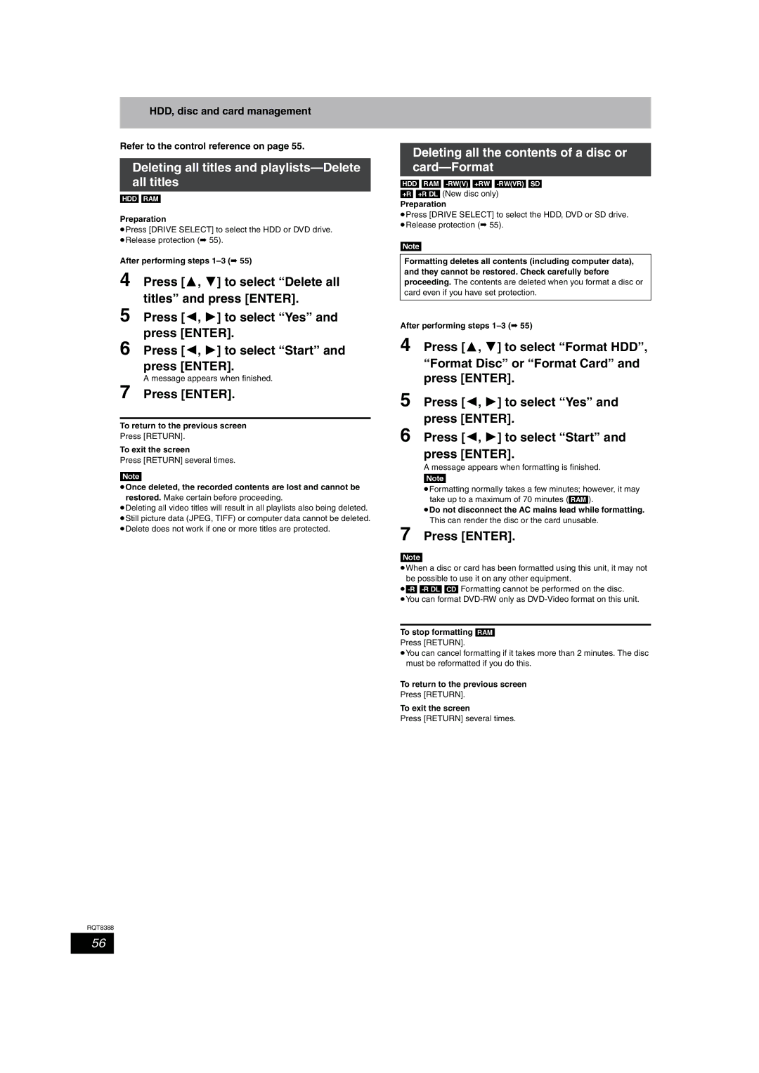 Panasonic DMR-EX75, DMR-EX85 manual Deleting all titles and playlists-Delete all titles 