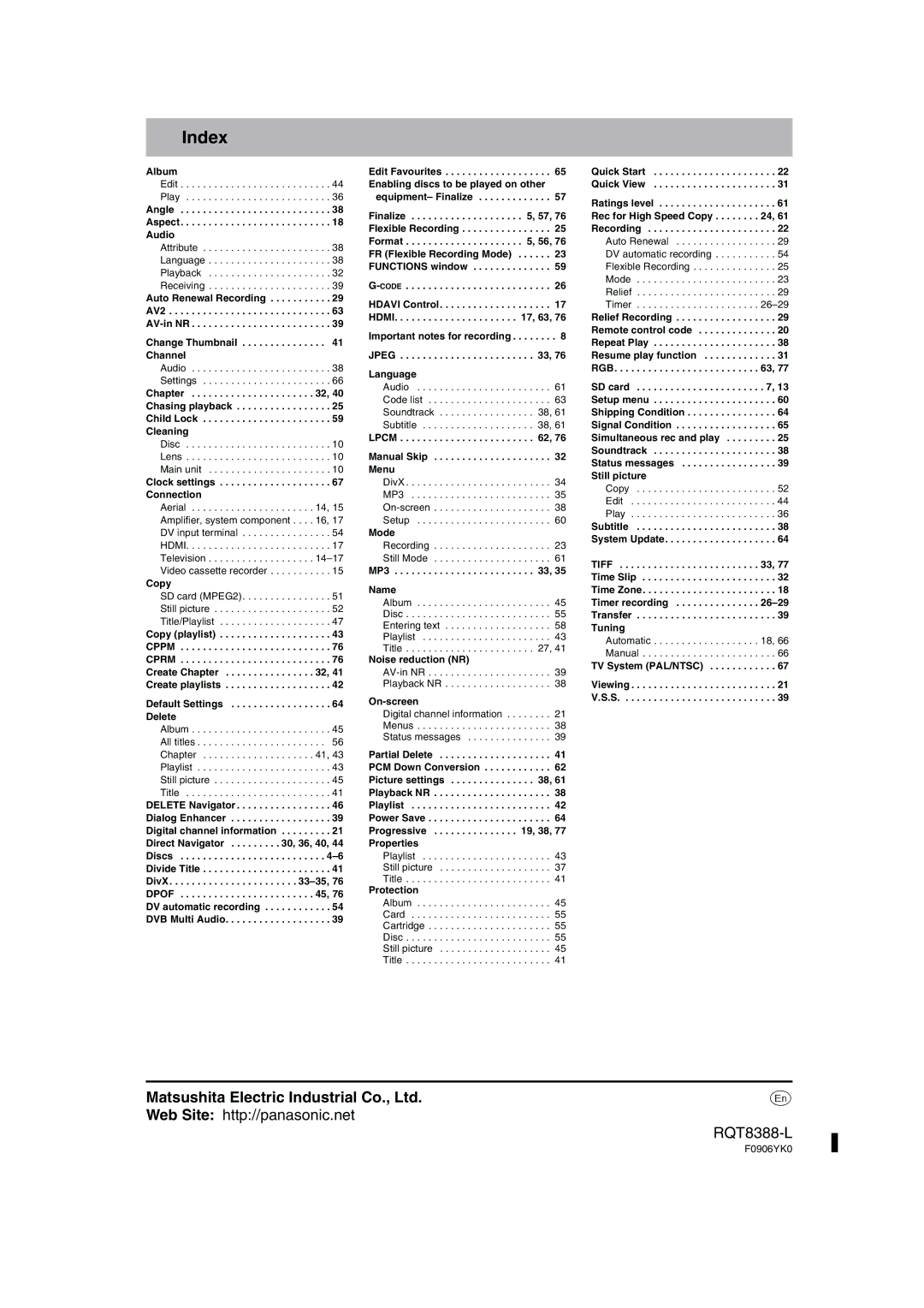 Panasonic DMR-EX75, DMR-EX85 manual Index, Web Site http//panasonic.net RQT8388-L 