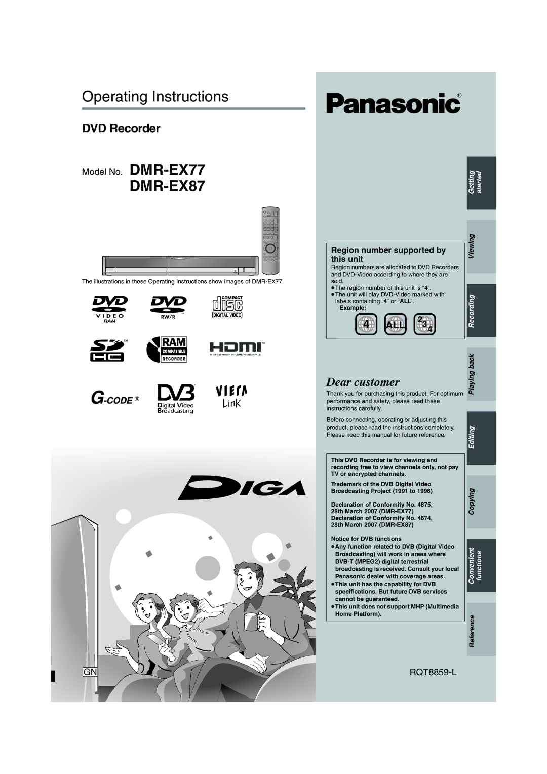 Panasonic DMR-EX87 operating instructions Model No. DMR-EX77, RQT8859-L 