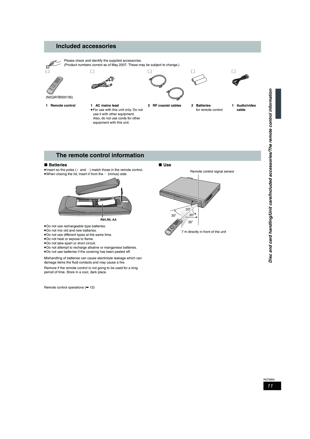 Panasonic DMR-EX87, DMR-EX77 operating instructions Included accessories, Remote control information 