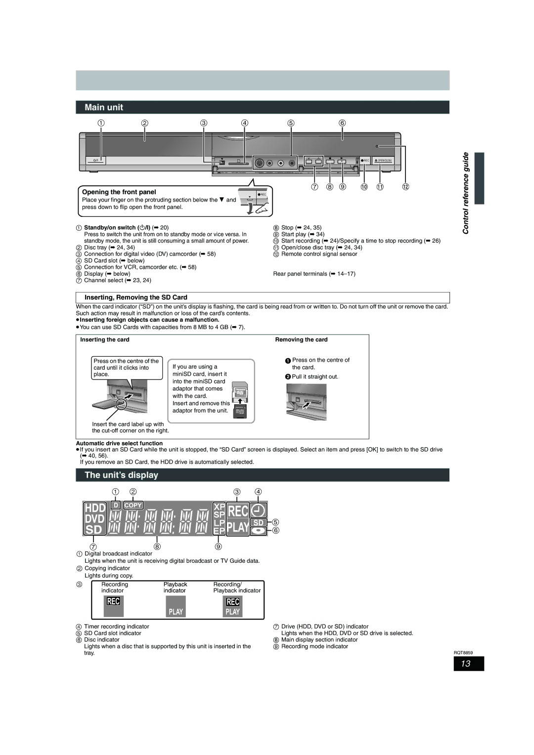 Panasonic DMR-EX87, DMR-EX77 Main unit, Unit’s display, Control reference guide, Opening the front panel 