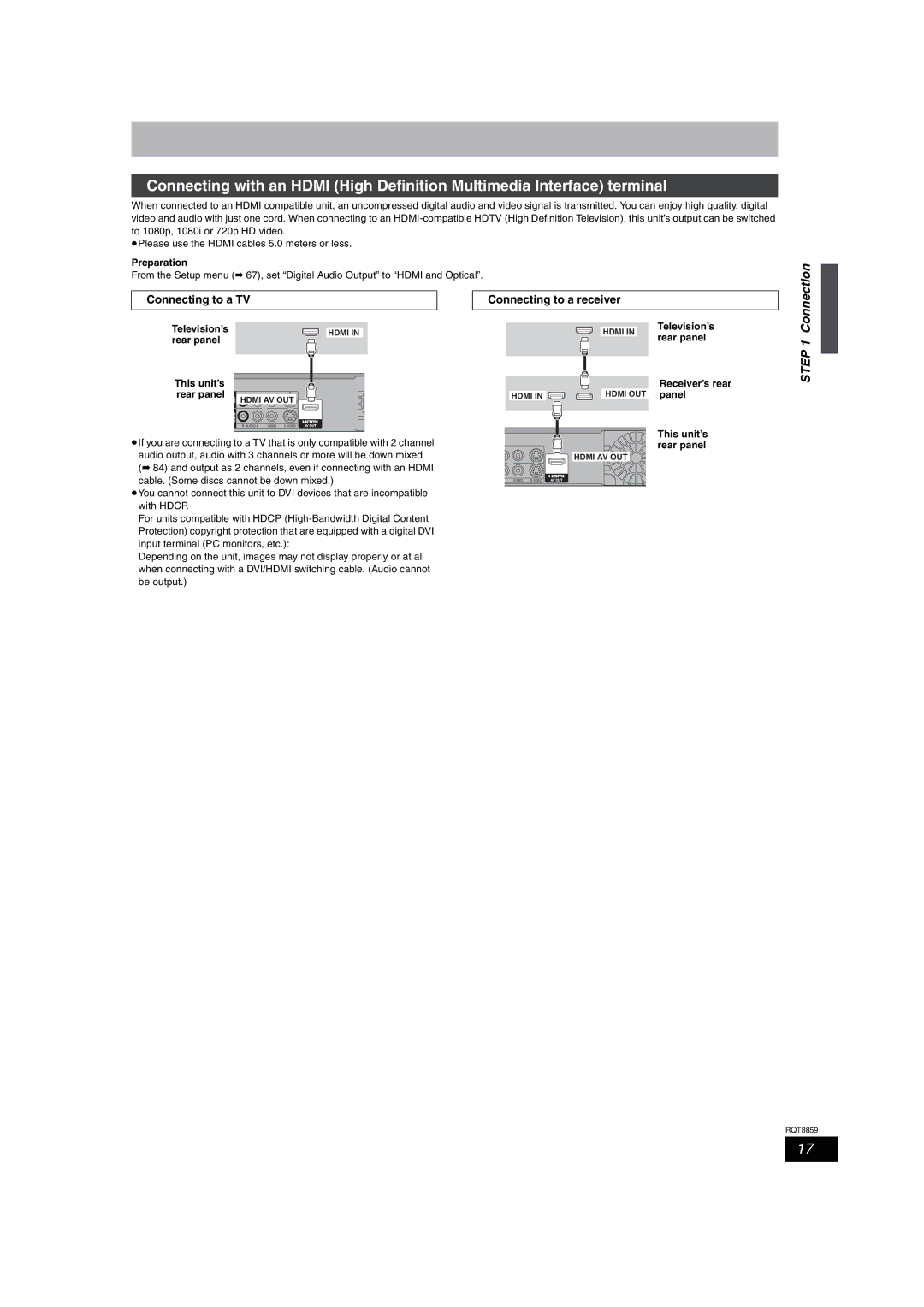 Panasonic DMR-EX87, DMR-EX77 Connecting to a TV, Connecting to a receiver, Preparation, Television’s, Rear panel 