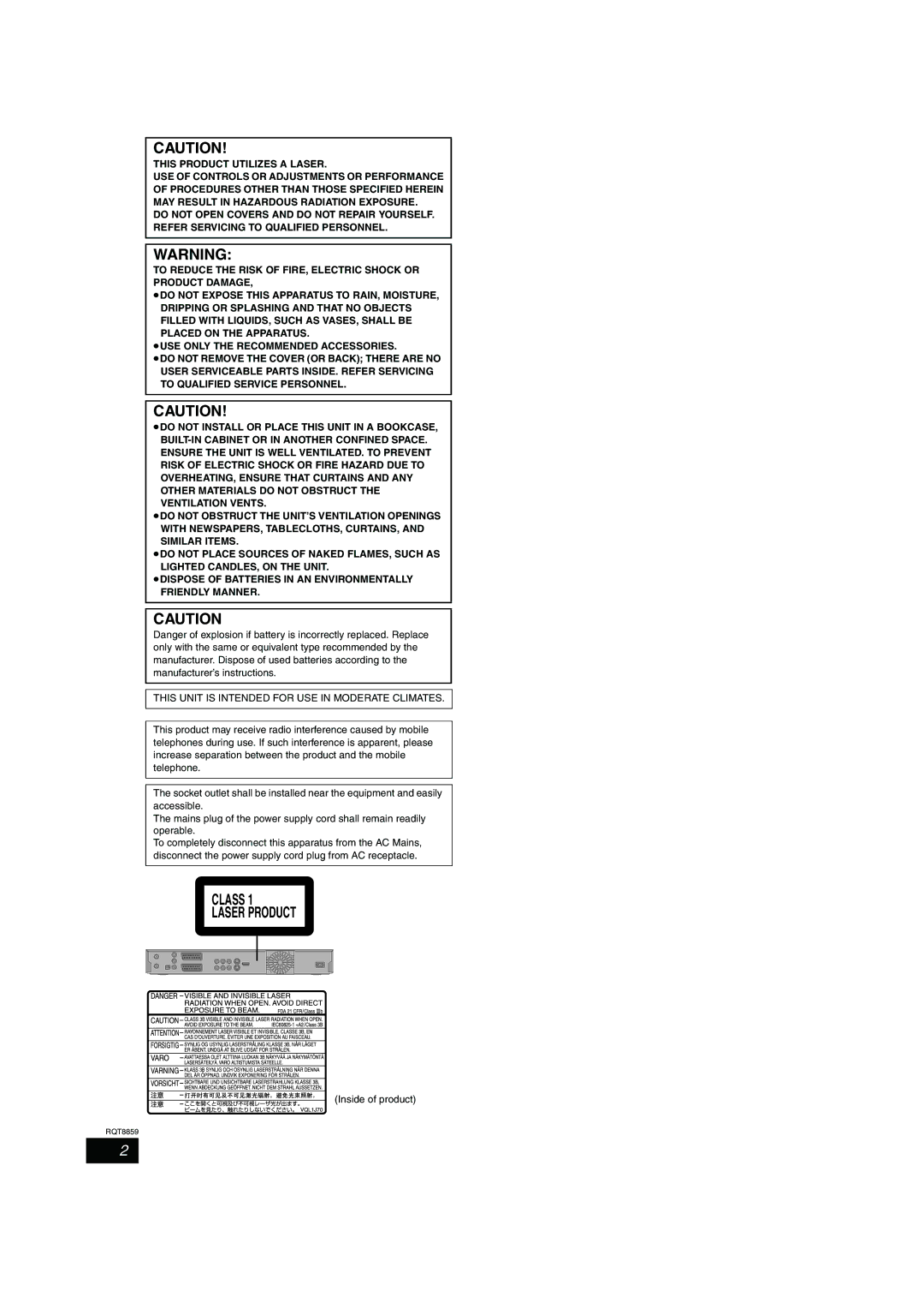 Panasonic DMR-EX77, DMR-EX87 operating instructions This Unit is Intended for USE in Moderate Climates, Inside of product 