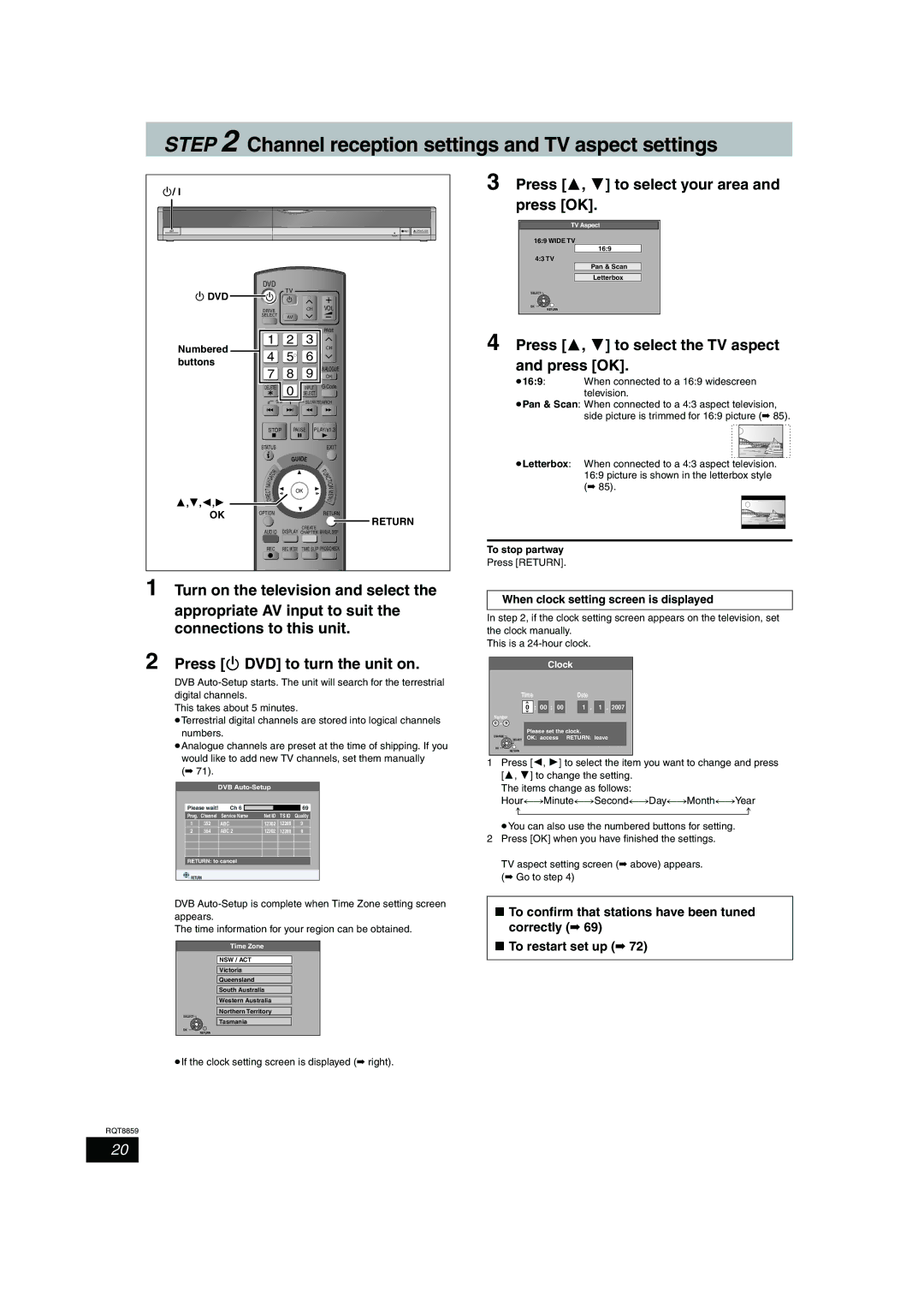 Panasonic DMR-EX77, DMR-EX87 Press 3, 4 to select your area, Press OK, Press 3, 4 to select the TV aspect 