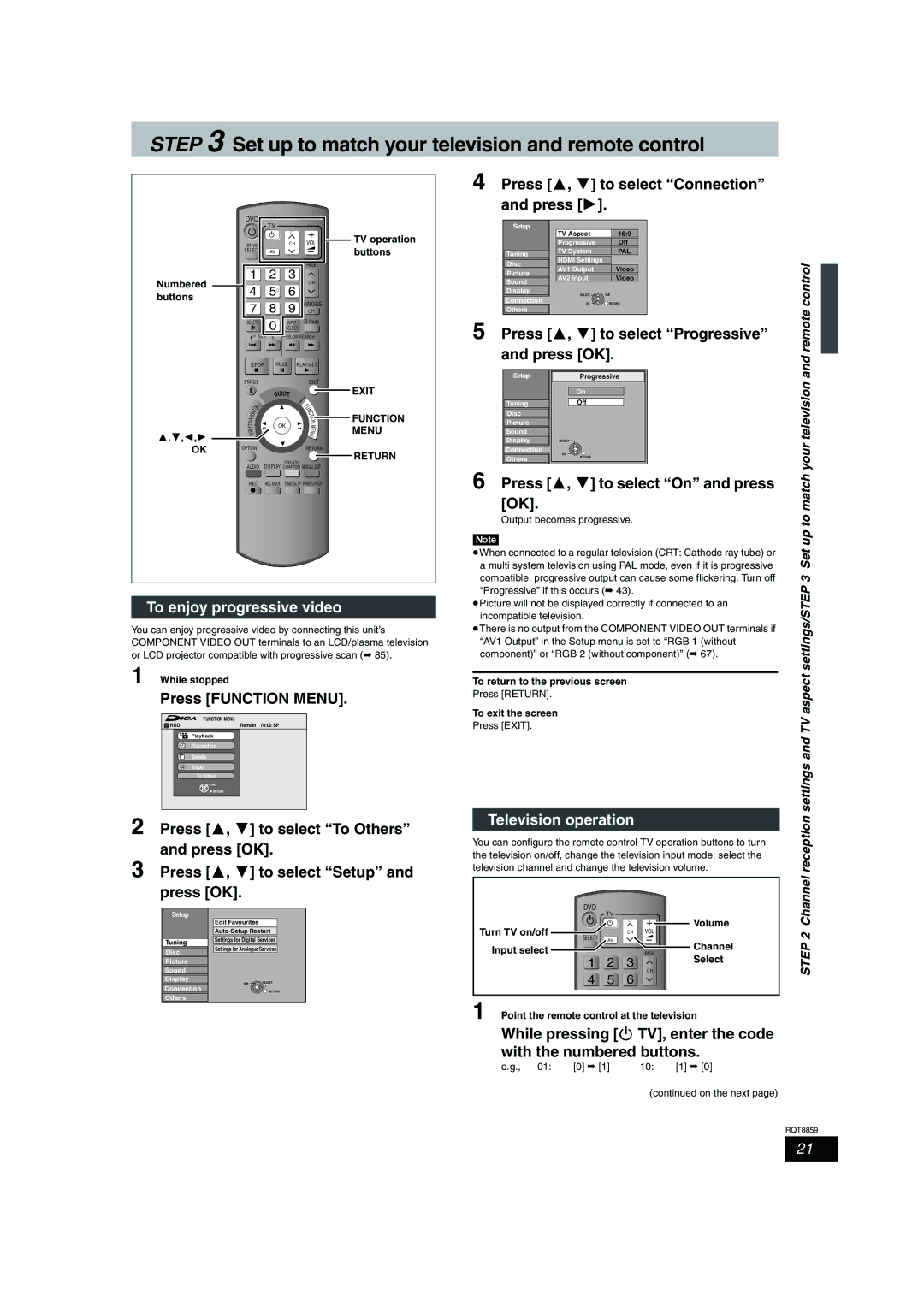 Panasonic DMR-EX87 Press 3, 4 to select Progressive, Press OK, Press 3, 4 to select On and press, Television operation 