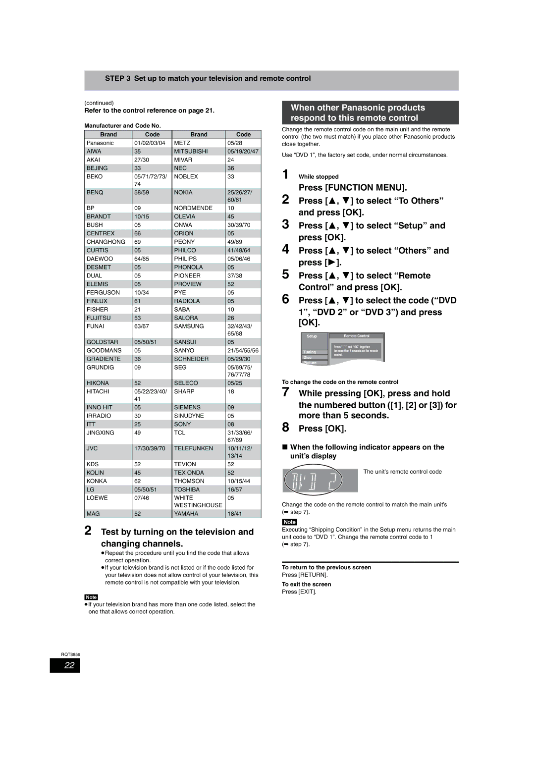 Panasonic DMR-EX77, DMR-EX87 Test by turning on the television and changing channels, Refer to the control reference on 