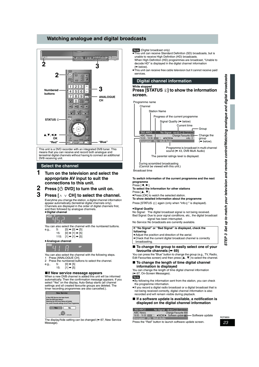 Panasonic DMR-EX87, DMR-EX77 Watching analogue and digital broadcasts, Select the channel, Digital channel information 