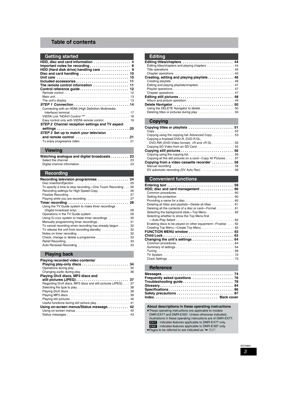 Panasonic DMR-EX87, DMR-EX77 operating instructions Table of contents 