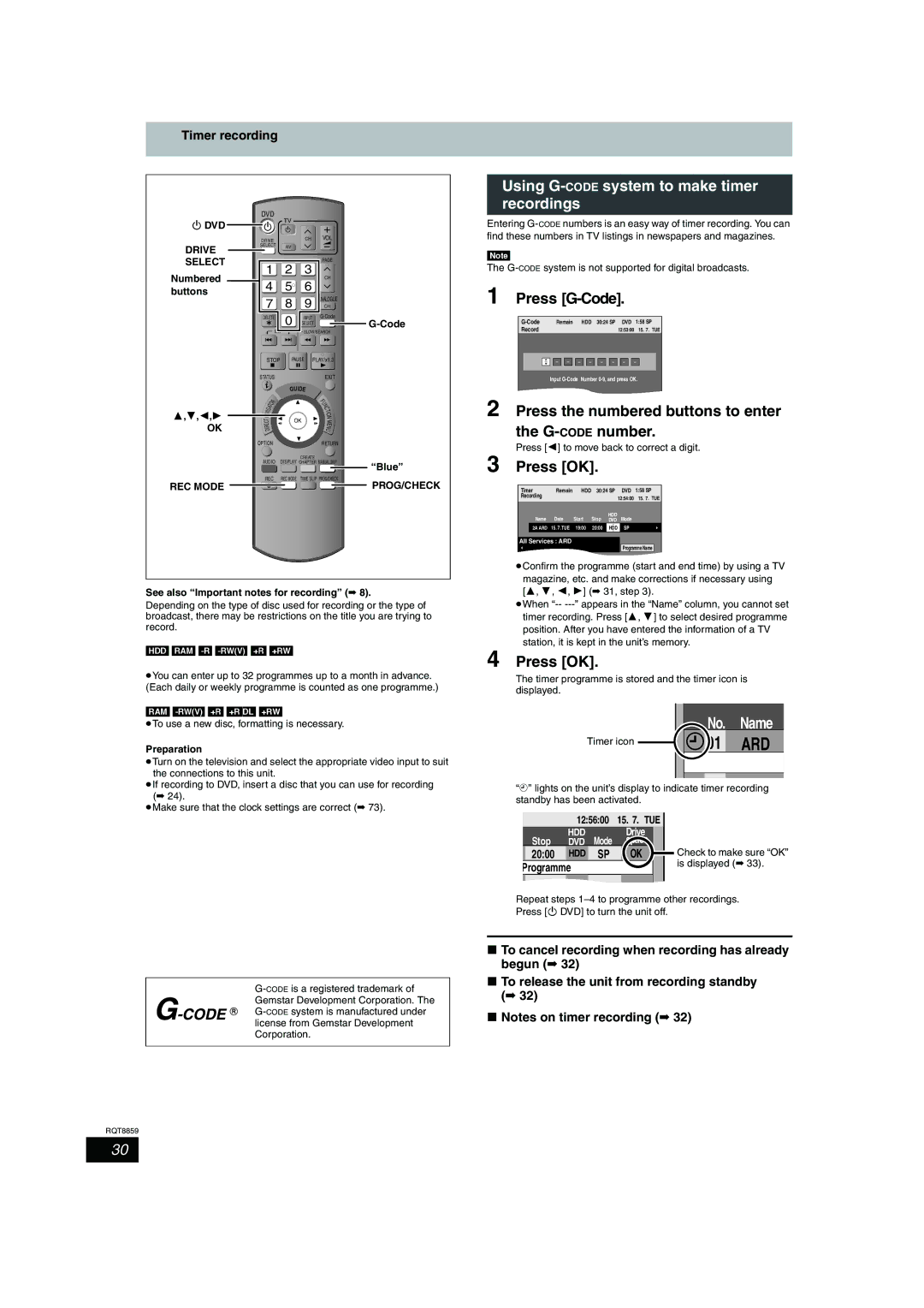 Panasonic DMR-EX77 Using G-CODEsystem to make timer recordings, Press G-Code, Timer recording, REC Mode PROG/CHECK 