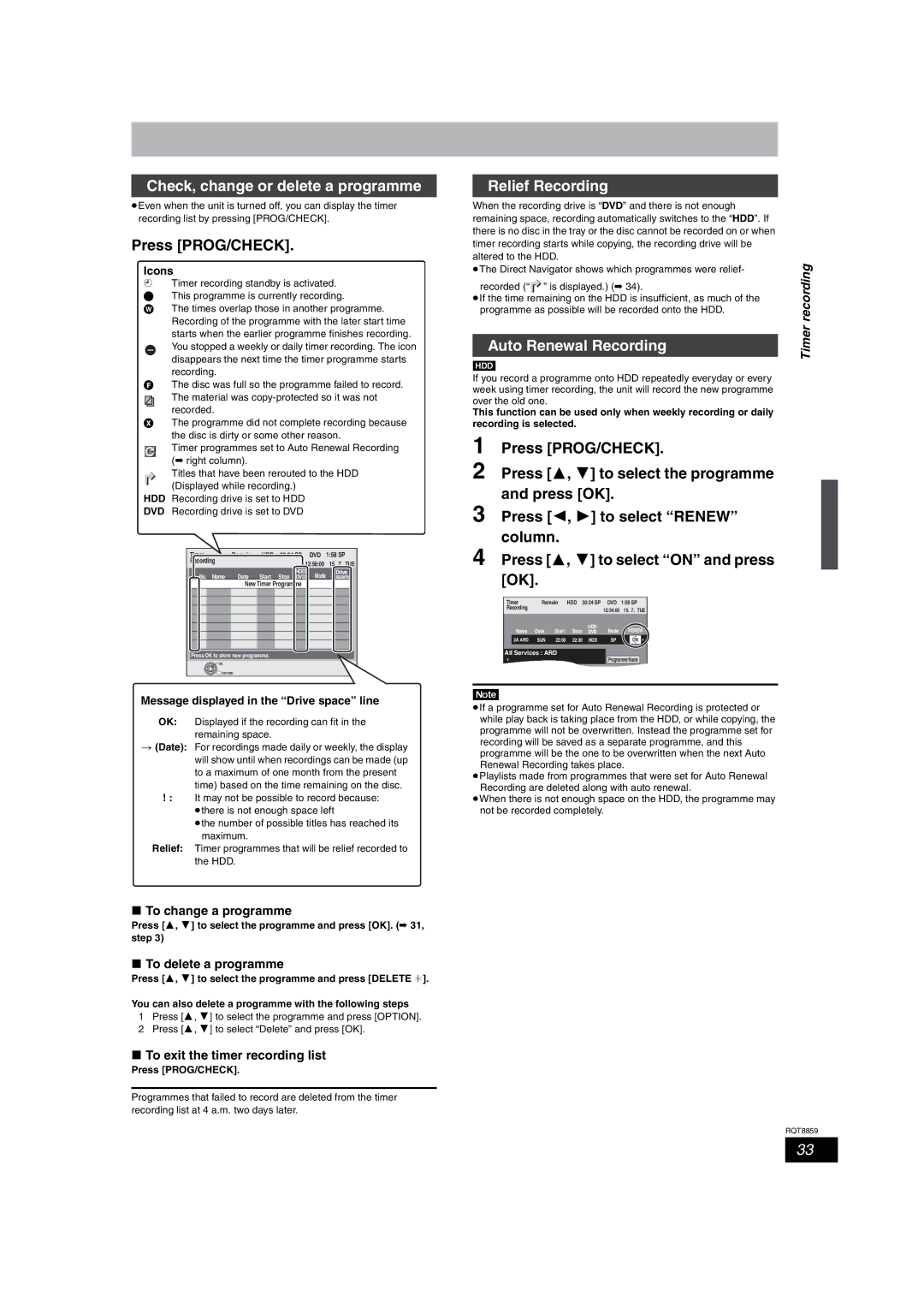 Panasonic DMR-EX87, DMR-EX77 Check, change or delete a programme, Relief Recording, Auto Renewal Recording 