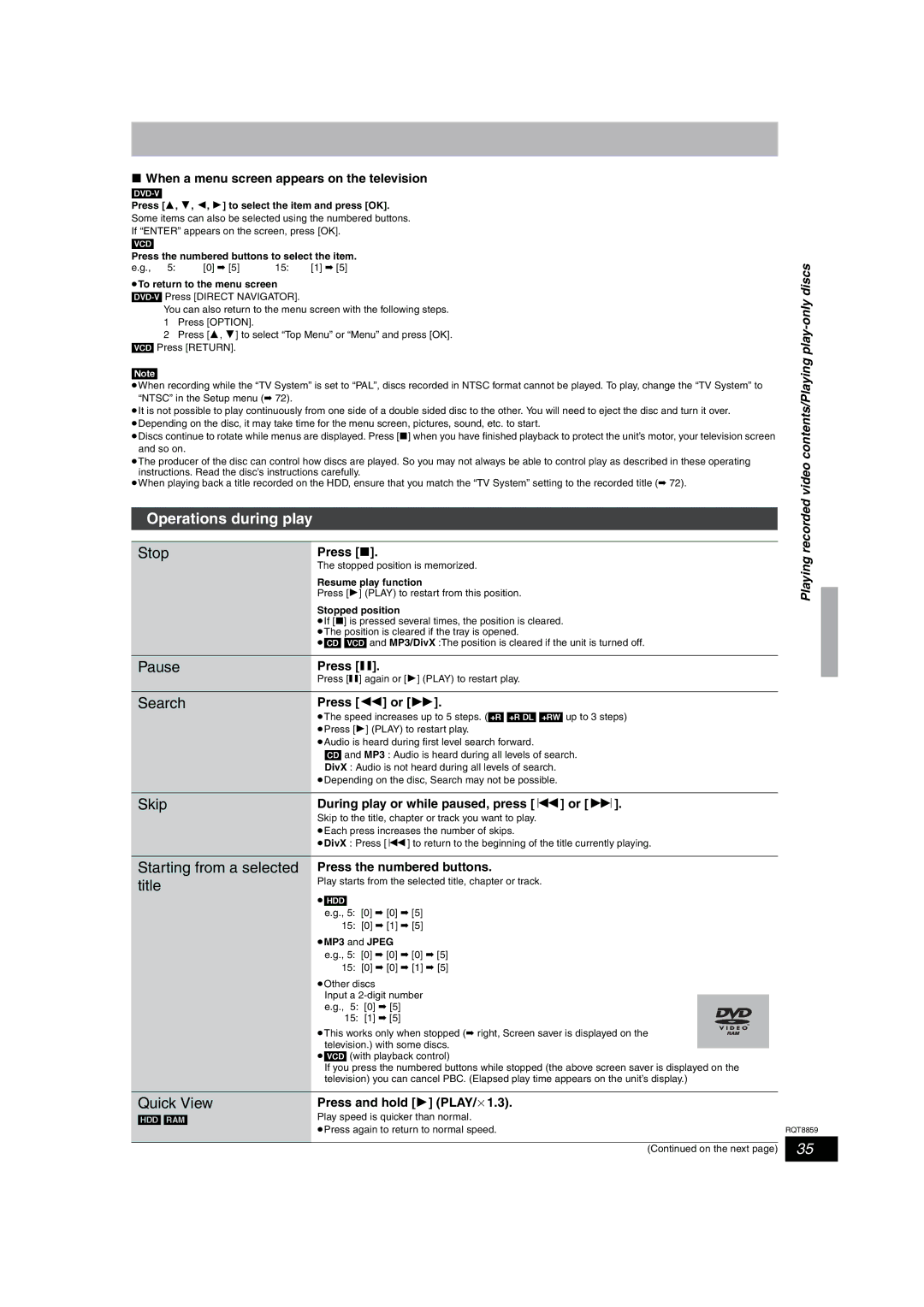 Panasonic DMR-EX87, DMR-EX77 operating instructions Operations during play, Quick View 