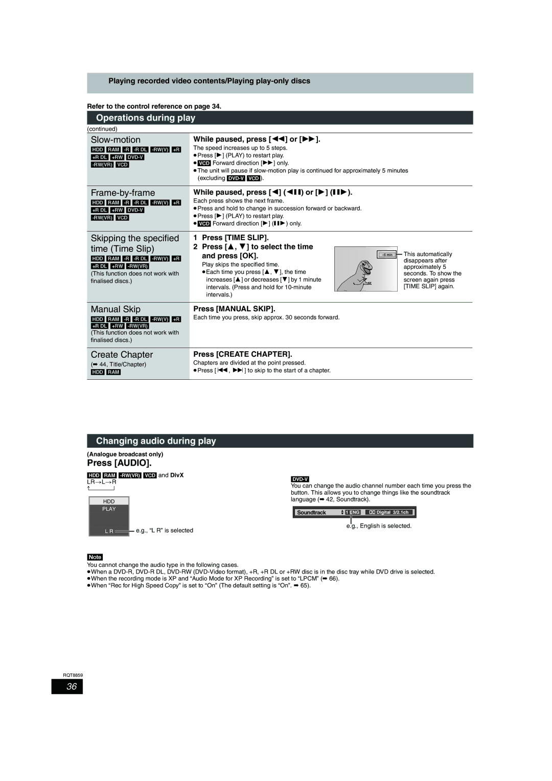 Panasonic DMR-EX77, DMR-EX87 operating instructions Changing audio during play, Press Audio 