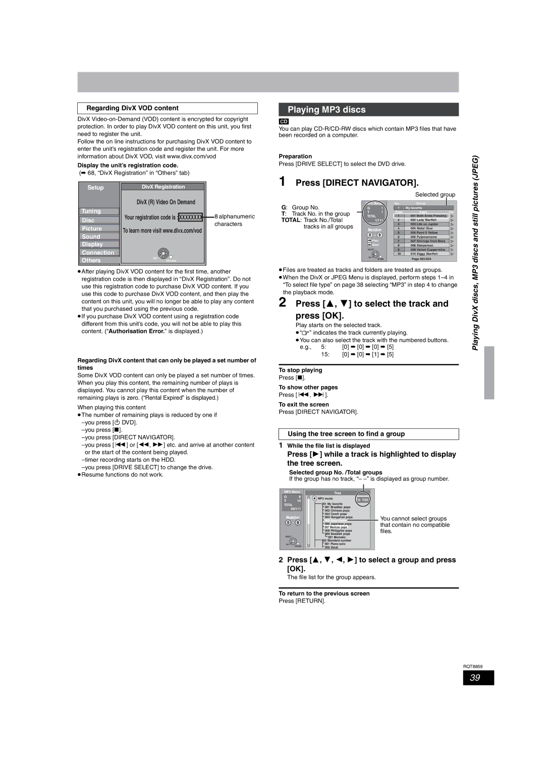 Panasonic DMR-EX87, DMR-EX77 Playing MP3 discs, Press 3, 4 to select the track and press OK, Playing DivX discs, MP3 