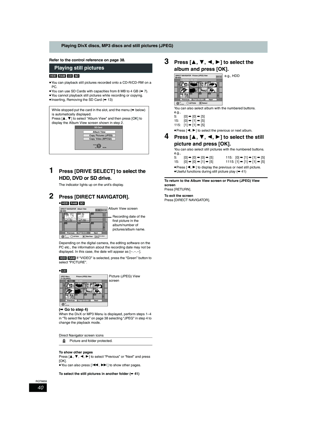 Panasonic DMR-EX77, DMR-EX87 operating instructions Press 3, 4, 2, 1 to select, Playing still pictures, Album and press OK 