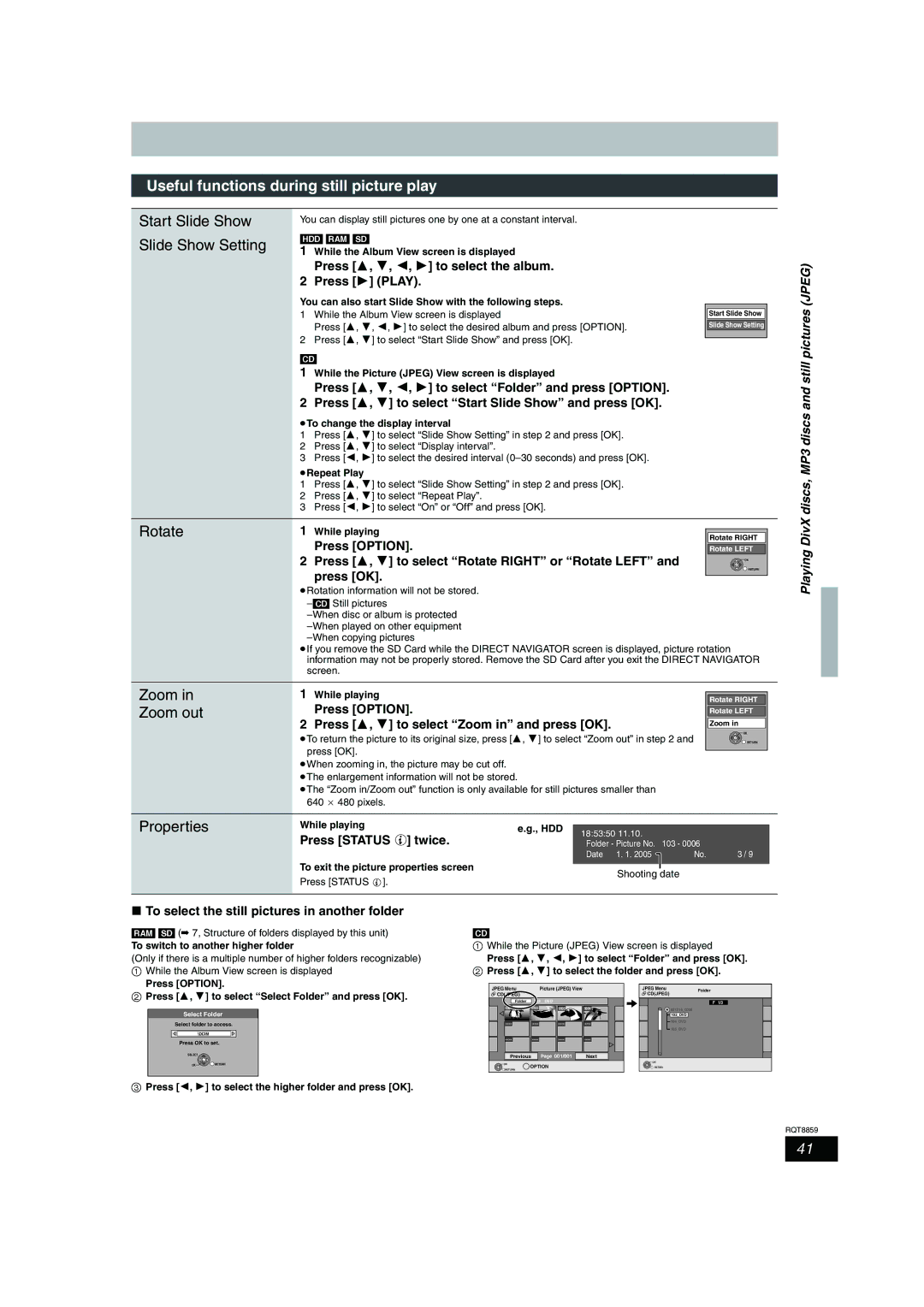 Panasonic DMR-EX87, DMR-EX77 Useful functions during still picture play, Start Slide Show, Slide Show Setting, Rotate 