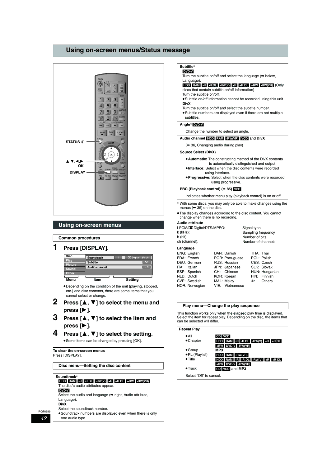 Panasonic DMR-EX77, DMR-EX87 operating instructions Using on-screen menus/Status message, Press Display 