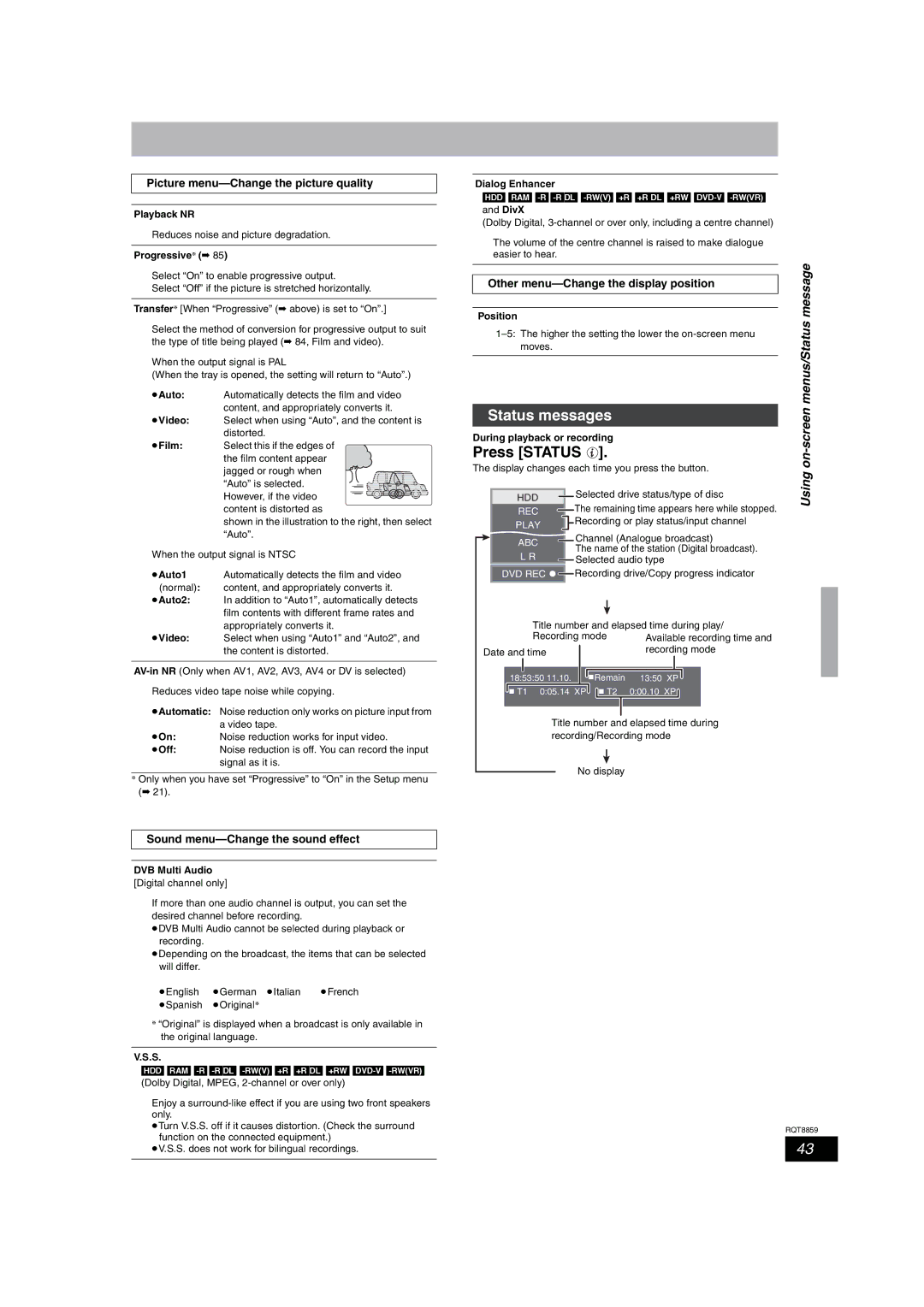 Panasonic DMR-EX87, DMR-EX77 operating instructions Status messages, Press Status, Using on-screen menus/Status message 