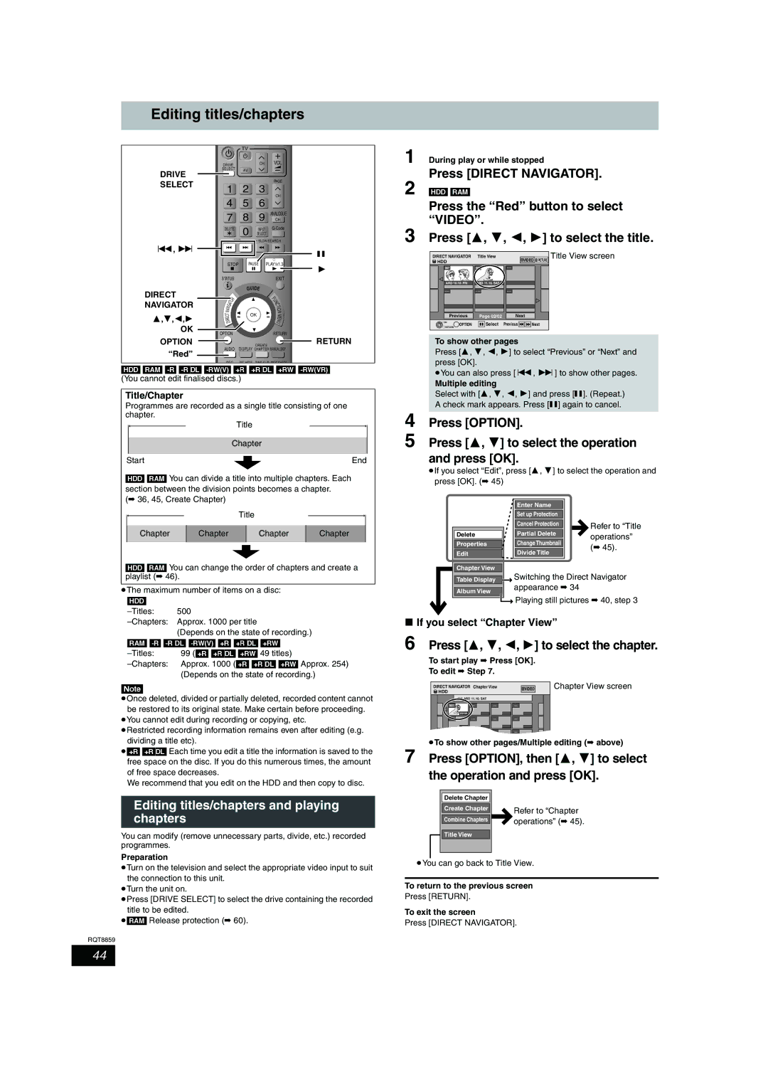 Panasonic DMR-EX77, DMR-EX87 operating instructions Press 3, 4, 2, Editing titles/chapters and playing chapters 