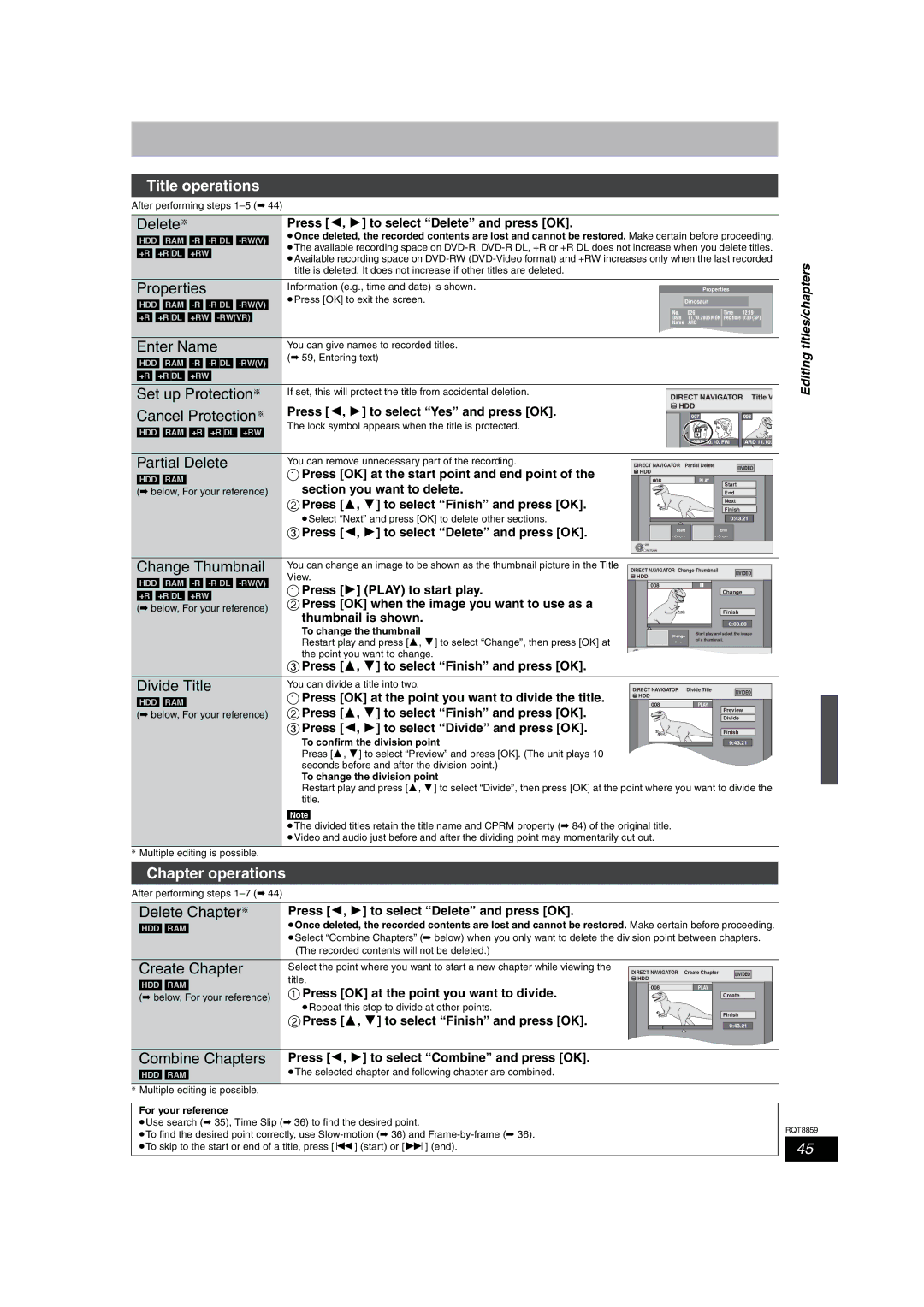 Panasonic DMR-EX87 Title operations, Set up Protection §, Cancel Protection §, Partial Delete, Chapter operations 