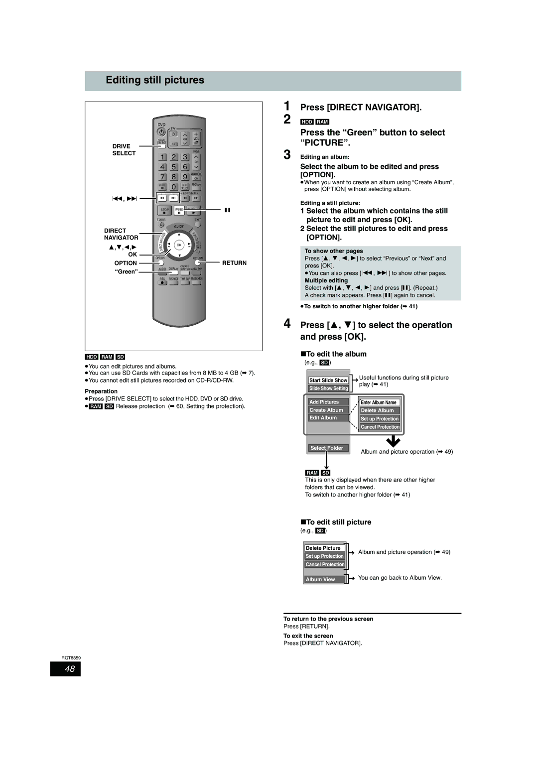 Panasonic DMR-EX77, DMR-EX87 operating instructions Editing still pictures, Press the Green button to select Picture 