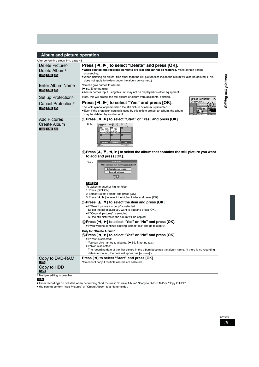 Panasonic DMR-EX87 Album and picture operation, Press 2, 1 to select Delete and press OK, Add Pictures, Create Album 