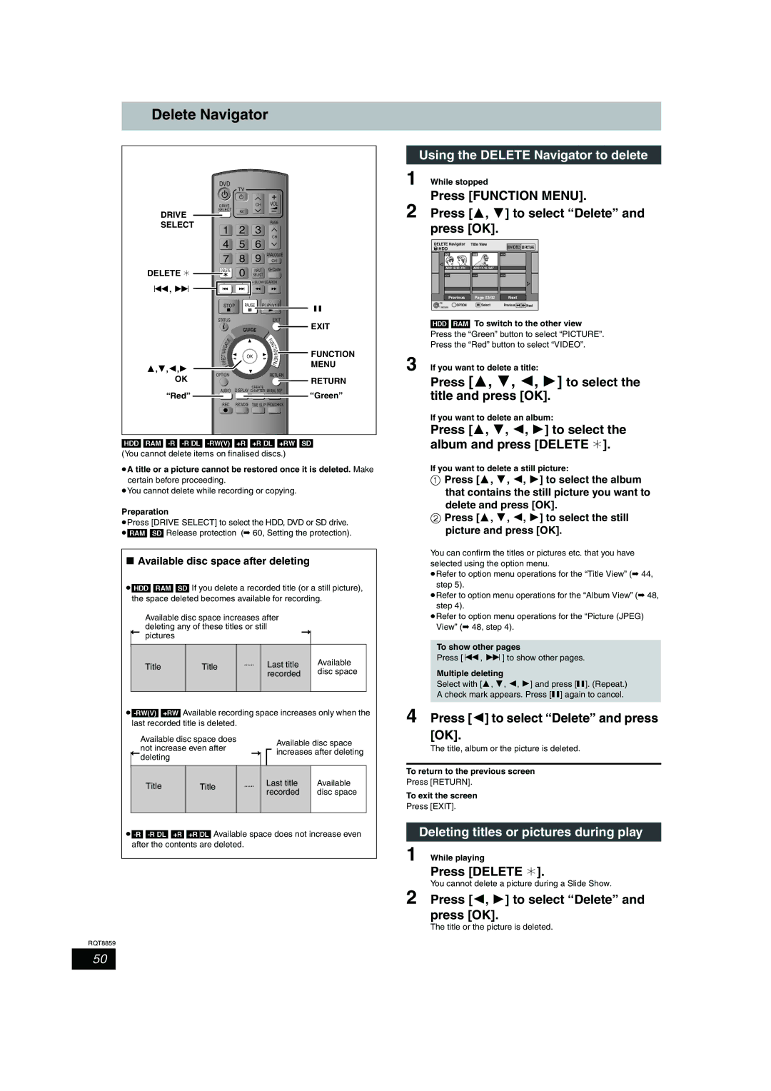 Panasonic DMR-EX77, DMR-EX87 Delete Navigator, Deleting titles or pictures during play, Press Delete ¢ 