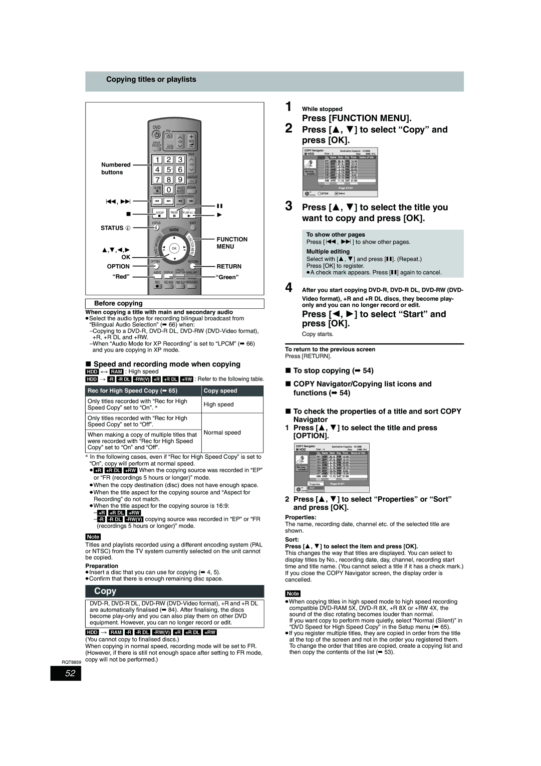 Panasonic DMR-EX77, DMR-EX87 operating instructions Press Function Menu Press 3, 4 to select Copy 