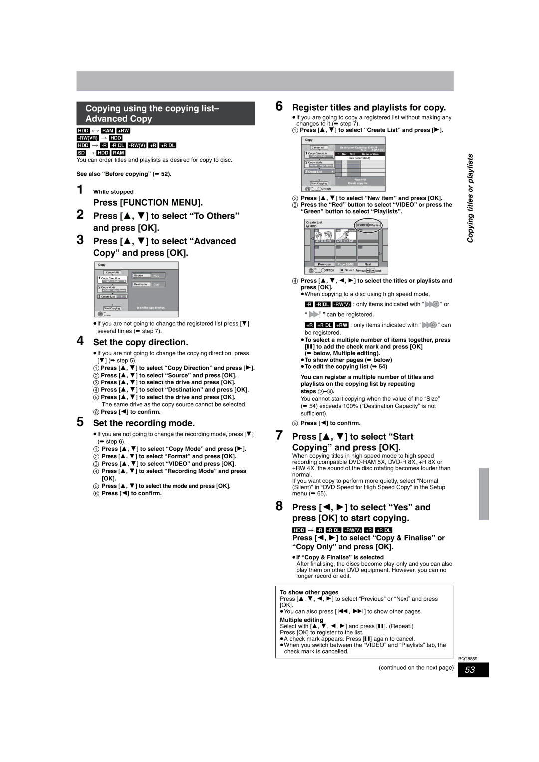 Panasonic DMR-EX87, DMR-EX77 operating instructions Copying using the copying list- Advanced Copy 