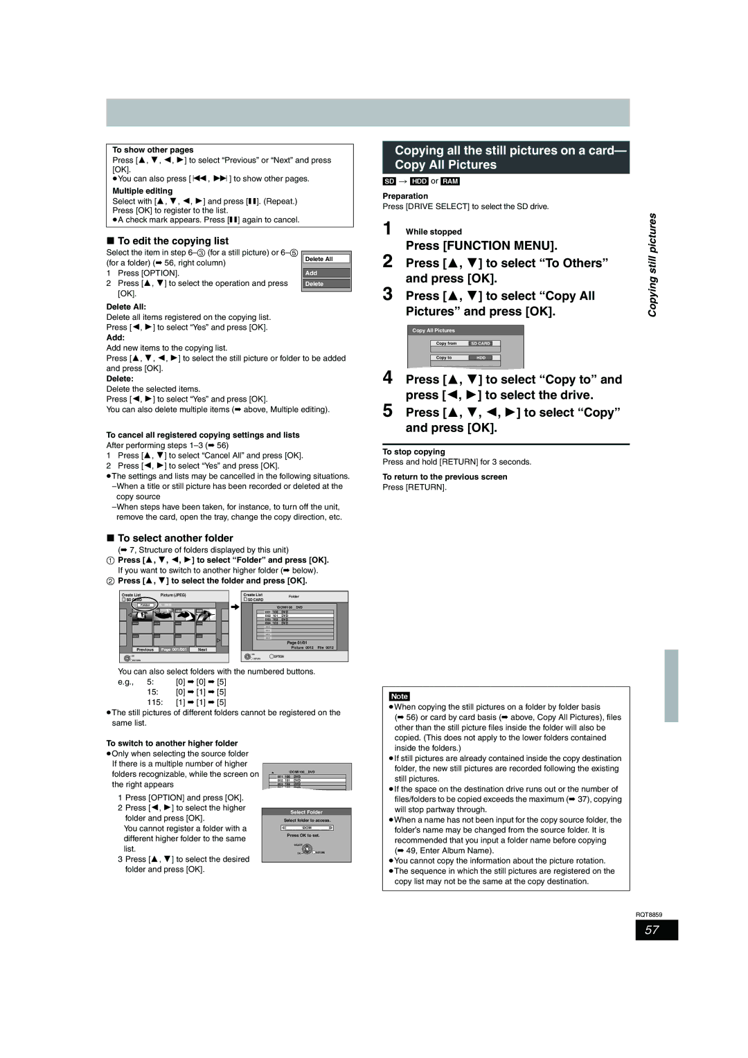 Panasonic DMR-EX87 Copying all the still pictures on a card- Copy All Pictures, Press 3, 4 to select To Others, Still 