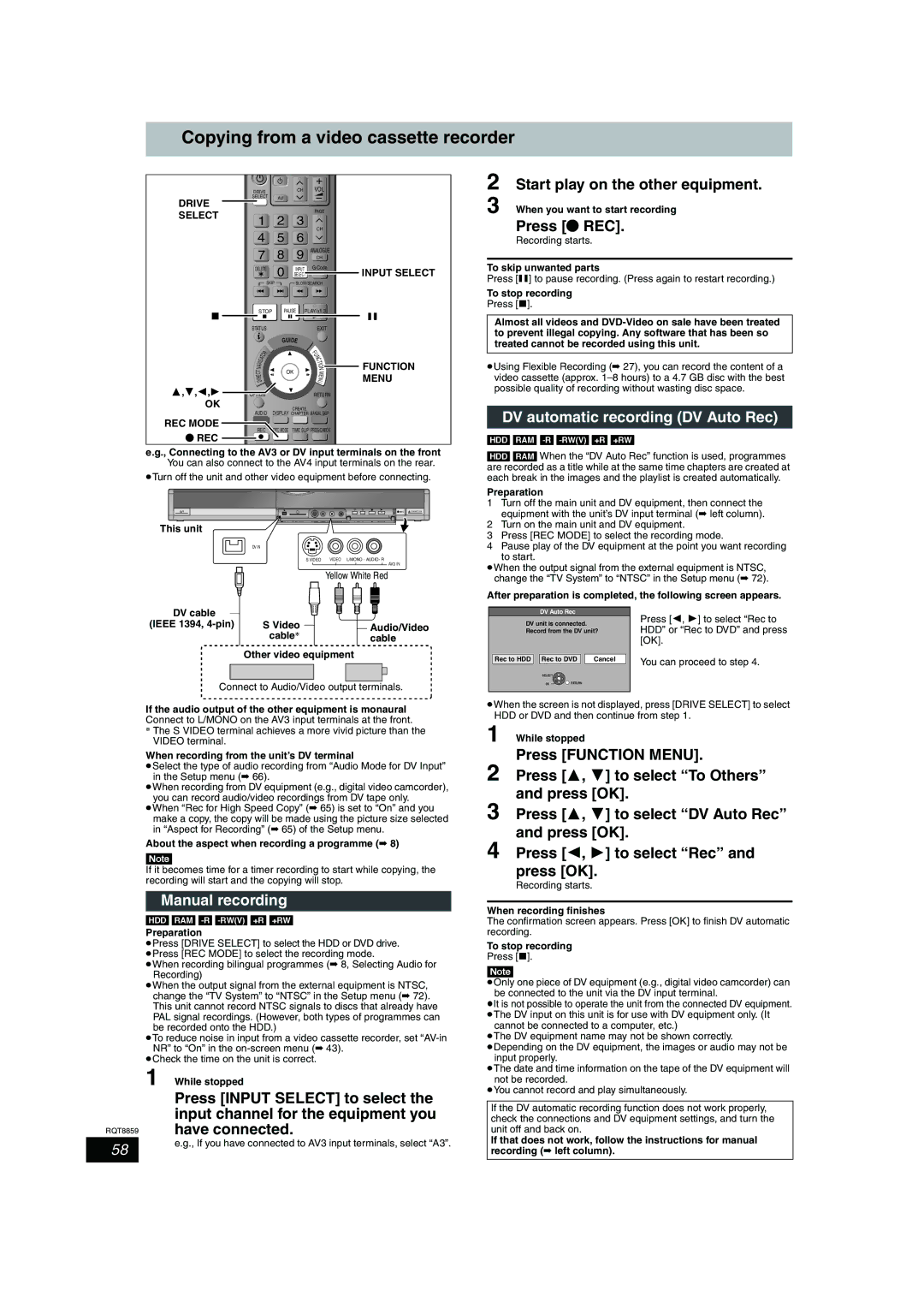 Panasonic DMR-EX77, DMR-EX87 Copying from a video cassette recorder, Start play on the other equipment, Press ¥ REC 