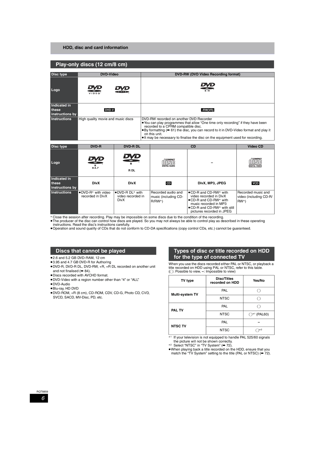 Panasonic DMR-EX77, DMR-EX87 Play-only discs 12 cm/8 cm, Discs that cannot be played, HDD, disc and card information 