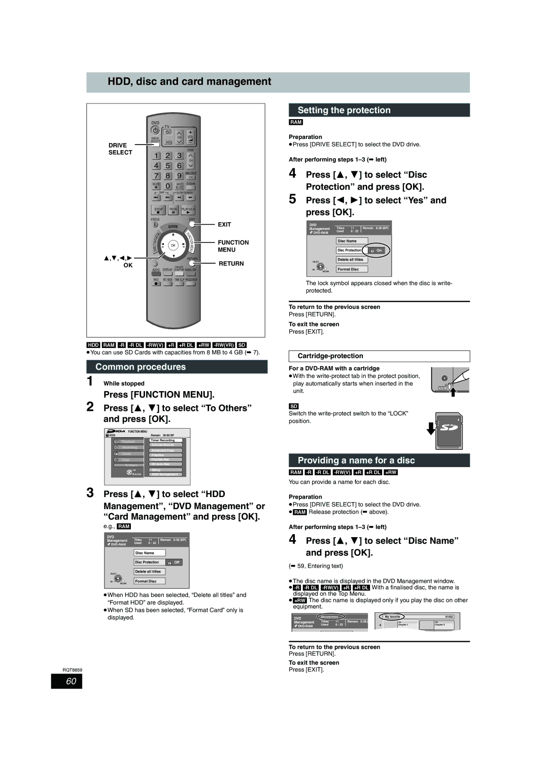 Panasonic DMR-EX77 HDD, disc and card management, Common procedures, Setting the protection, Providing a name for a disc 