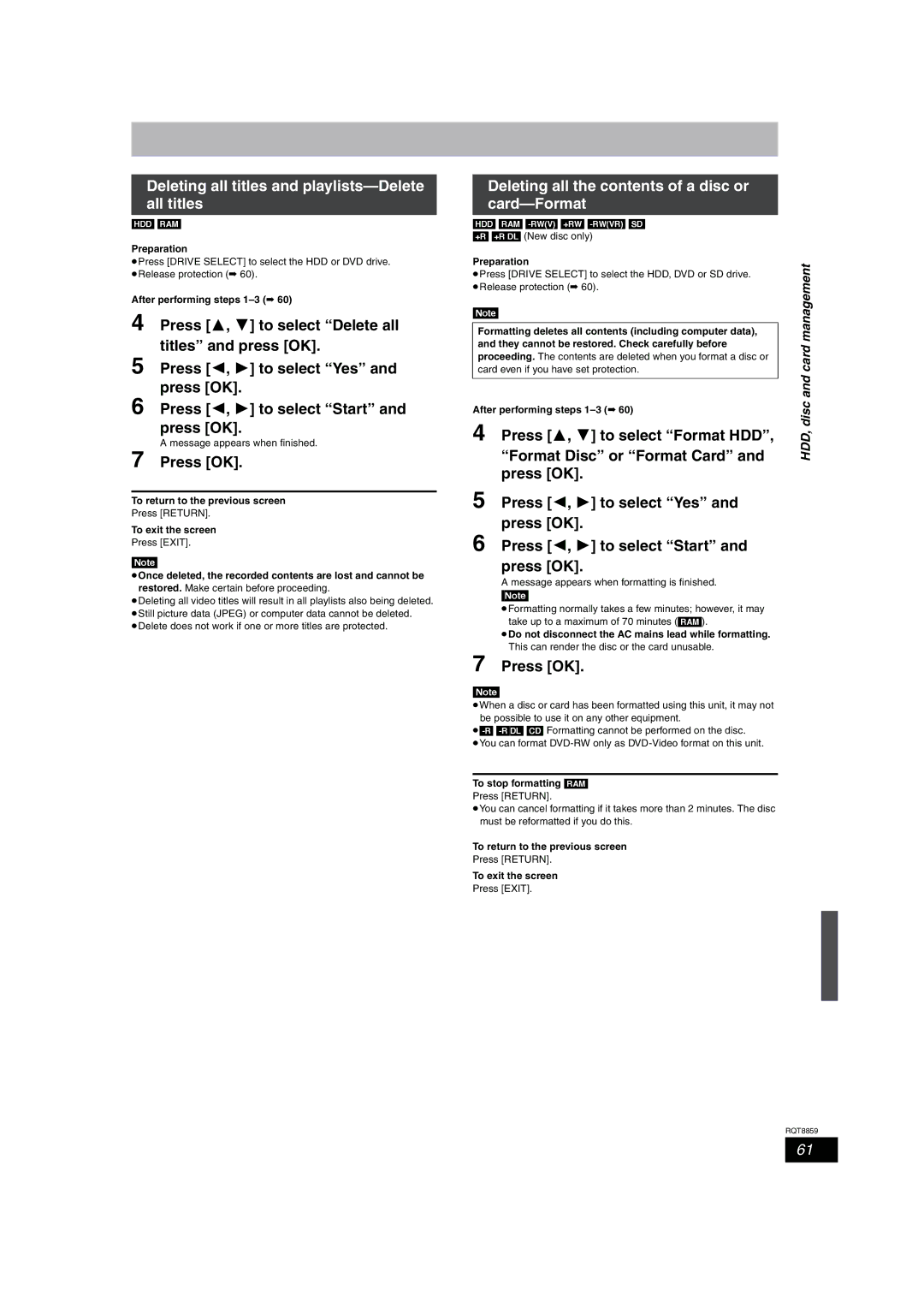 Panasonic DMR-EX87 Deleting all titles and playlists-Delete all titles, Deleting all the contents of a disc or card-Format 