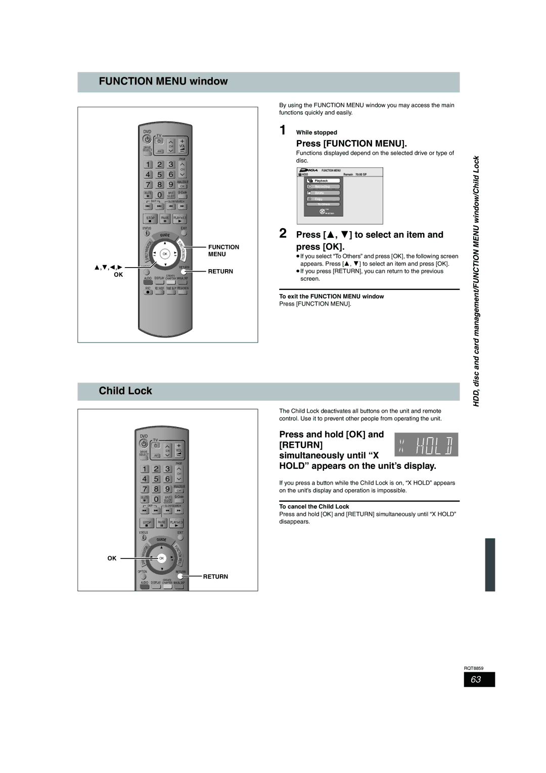 Panasonic DMR-EX87, DMR-EX77 Function Menu window, Press 3, 4 to select an item and press OK, To cancel the Child Lock 