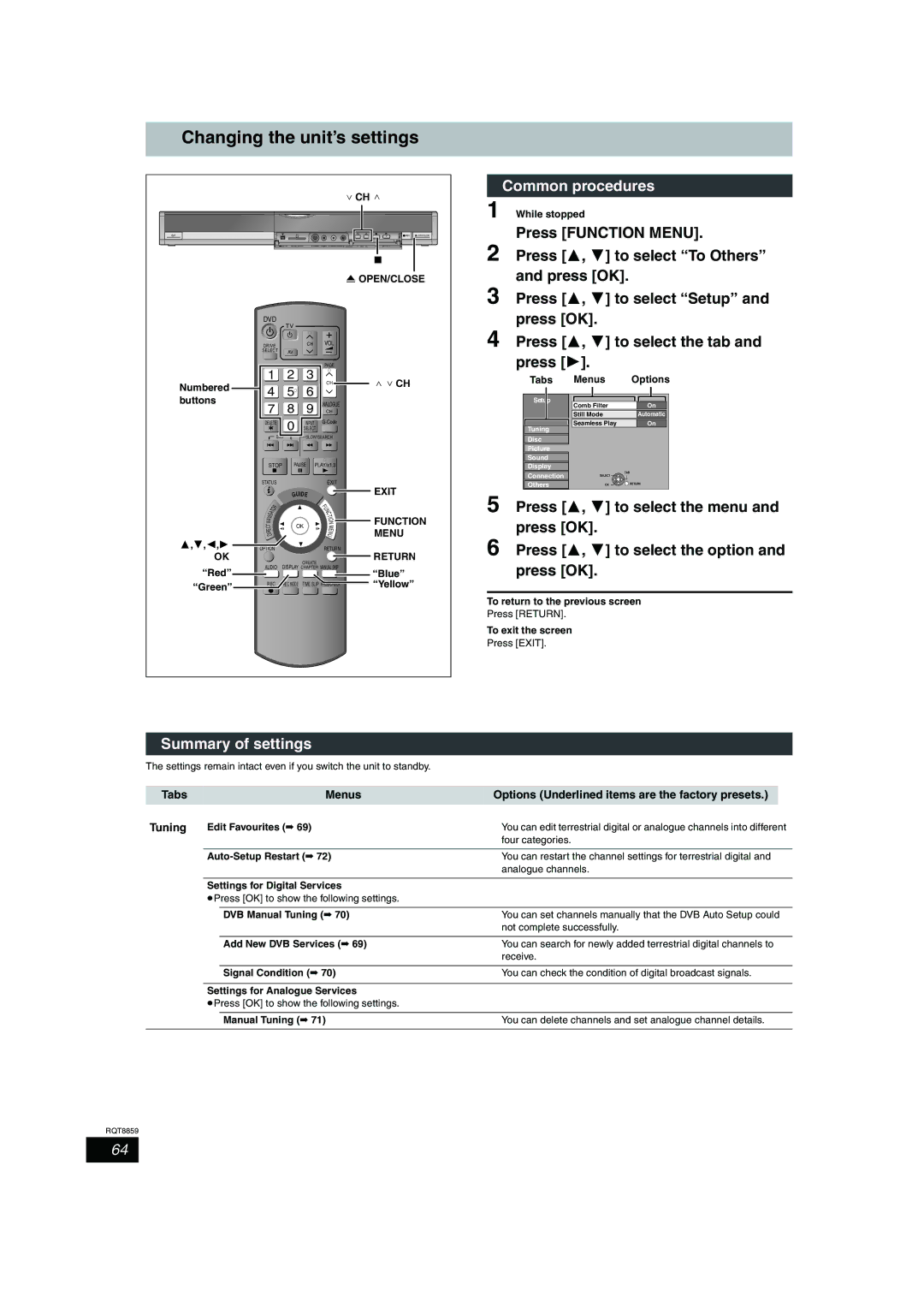 Panasonic DMR-EX77, DMR-EX87 Changing the unit’s settings, Summary of settings, Open/Close, Tabs Menus 