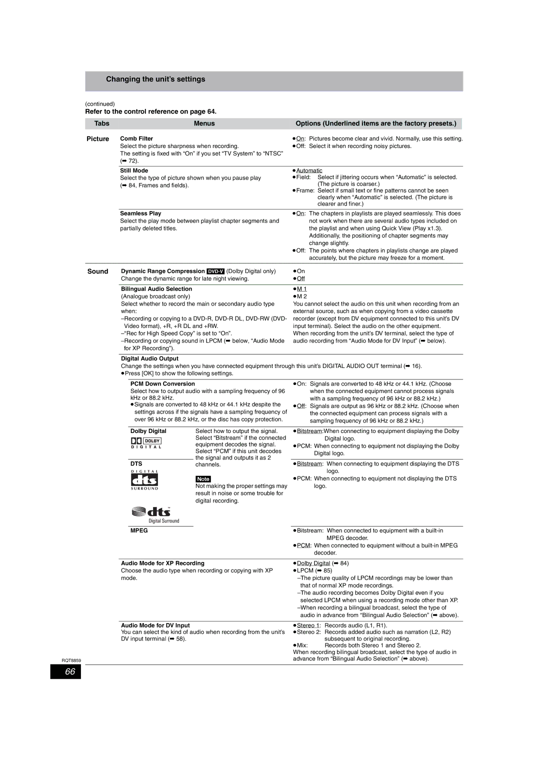 Panasonic DMR-EX77, DMR-EX87 operating instructions Changing the unit’s settings, Sound, Dts, Mpeg 