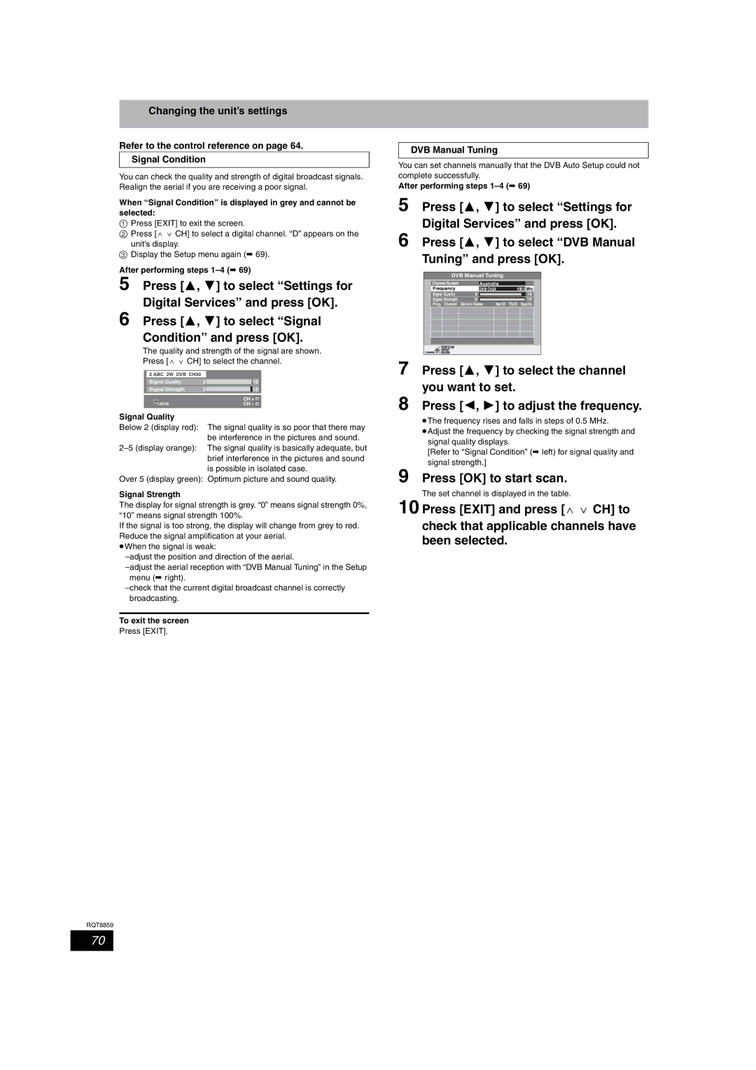 Panasonic DMR-EX77, DMR-EX87 Press OK to start scan, Refer to the control reference on Signal Condition, DVB Manual Tuning 