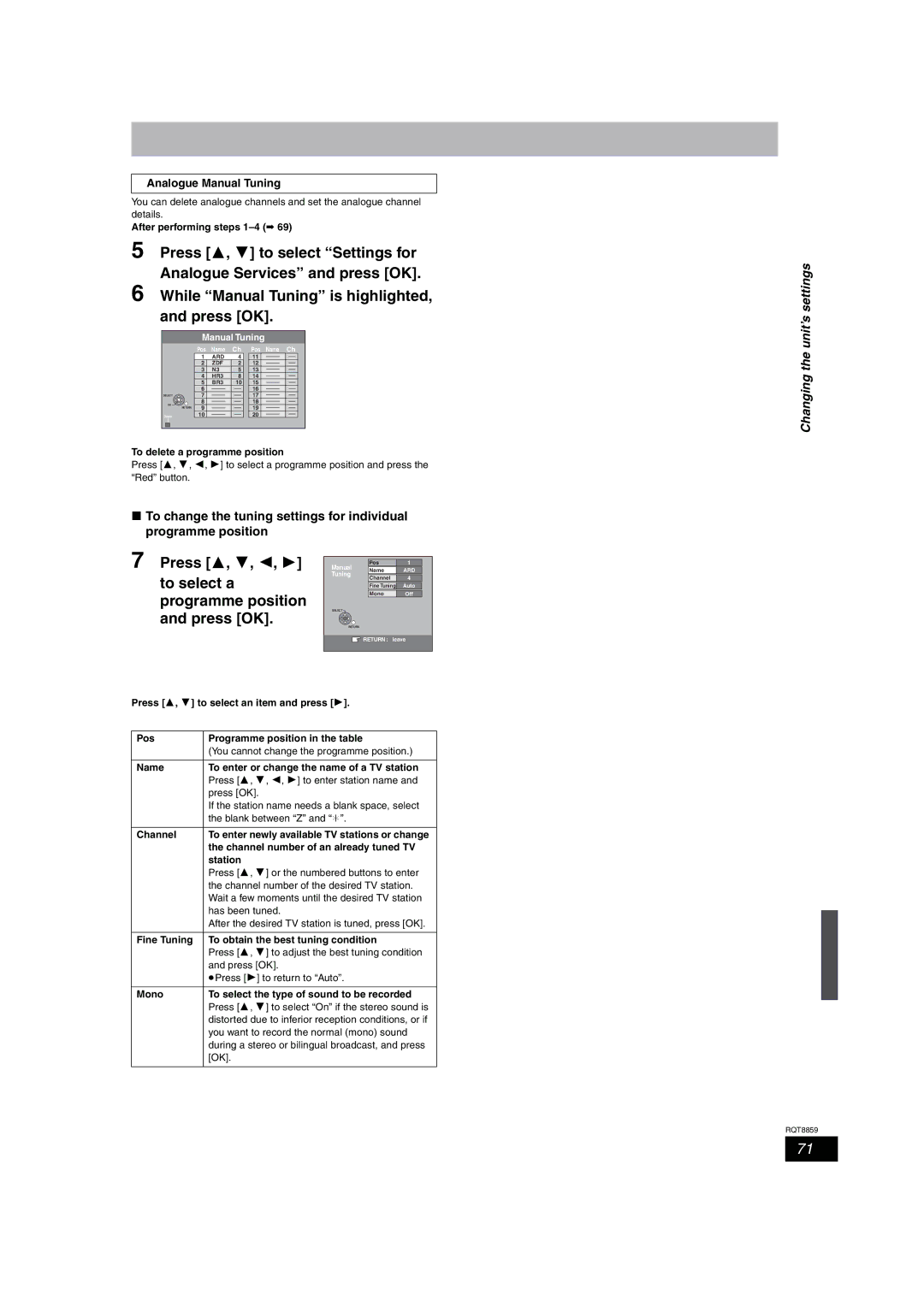 Panasonic DMR-EX87, DMR-EX77 operating instructions Press 3, 4, 2, To select a, Programme position, Analogue Manual Tuning 