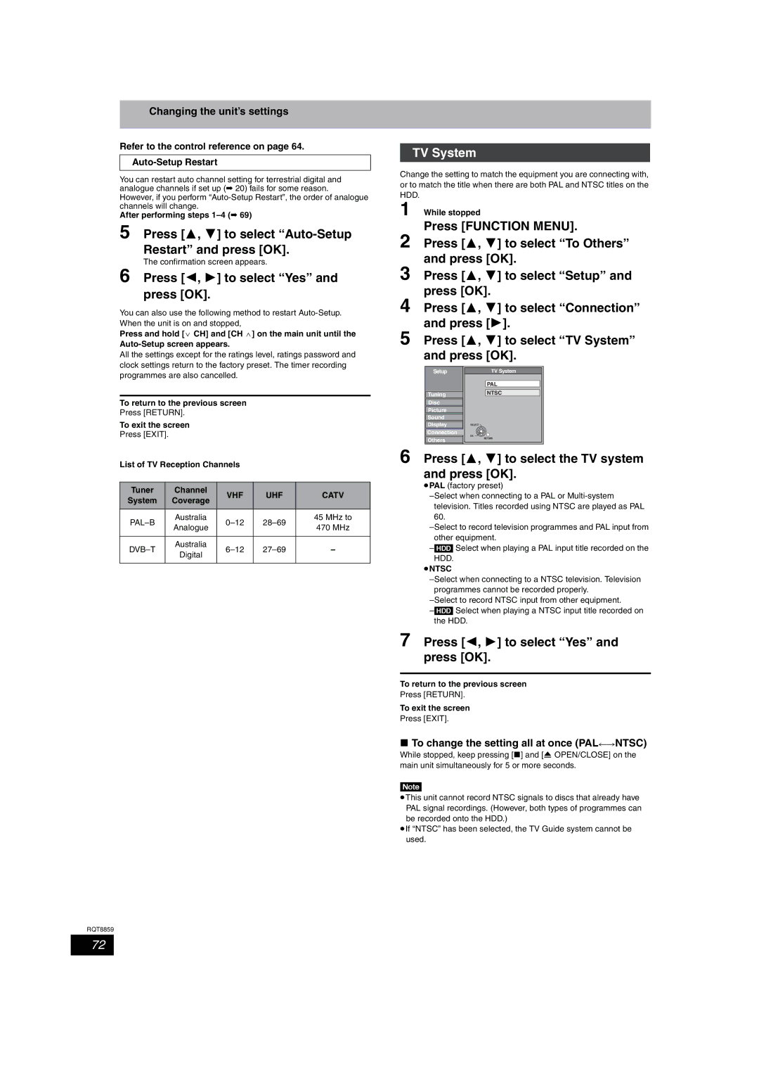 Panasonic DMR-EX77, DMR-EX87 operating instructions Press 3, 4 to select Auto-Setup Restart and press OK, TV System 