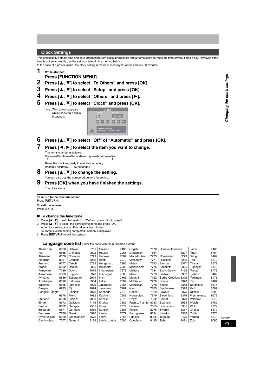 Panasonic DMR-EX87 Clock Settings, Press 3, 4 to change the setting, Press OK when you have finished the settings 