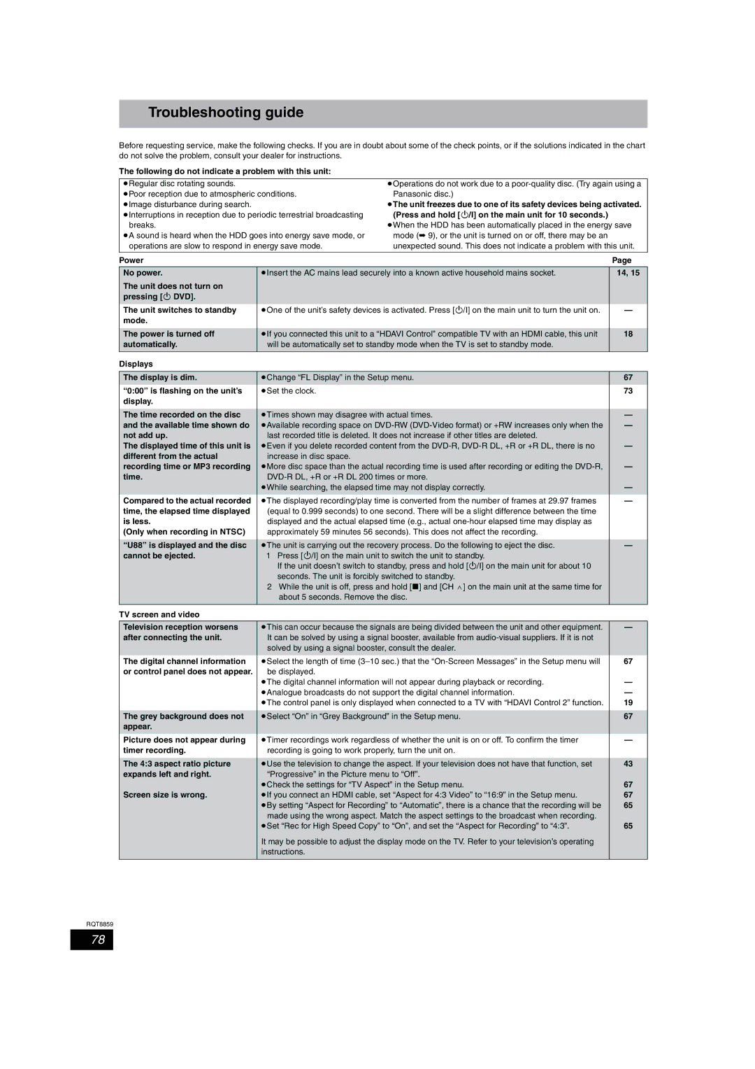 Panasonic DMR-EX77, DMR-EX87 operating instructions Troubleshooting guide 