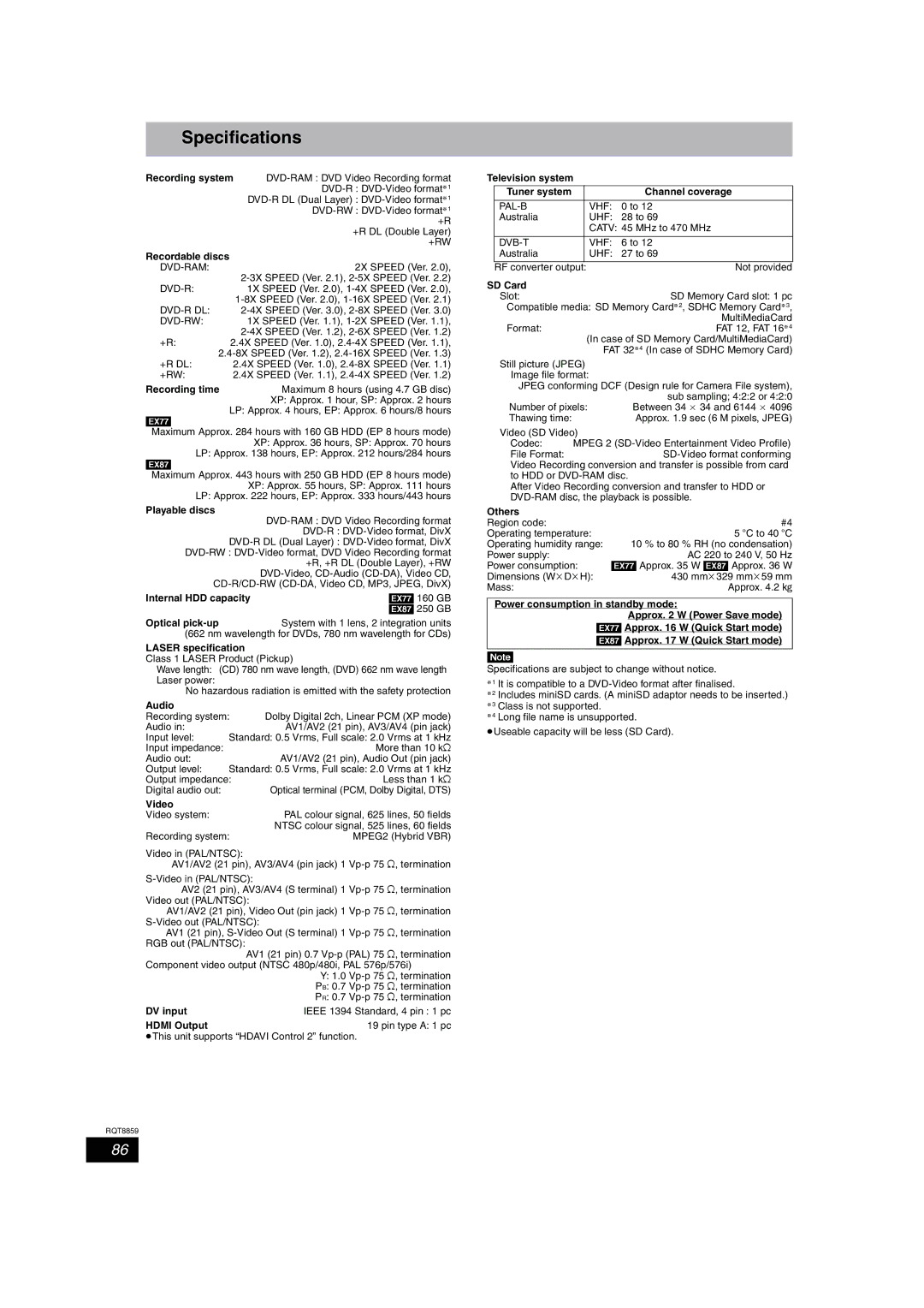 Panasonic DMR-EX77, DMR-EX87 operating instructions Specifications 