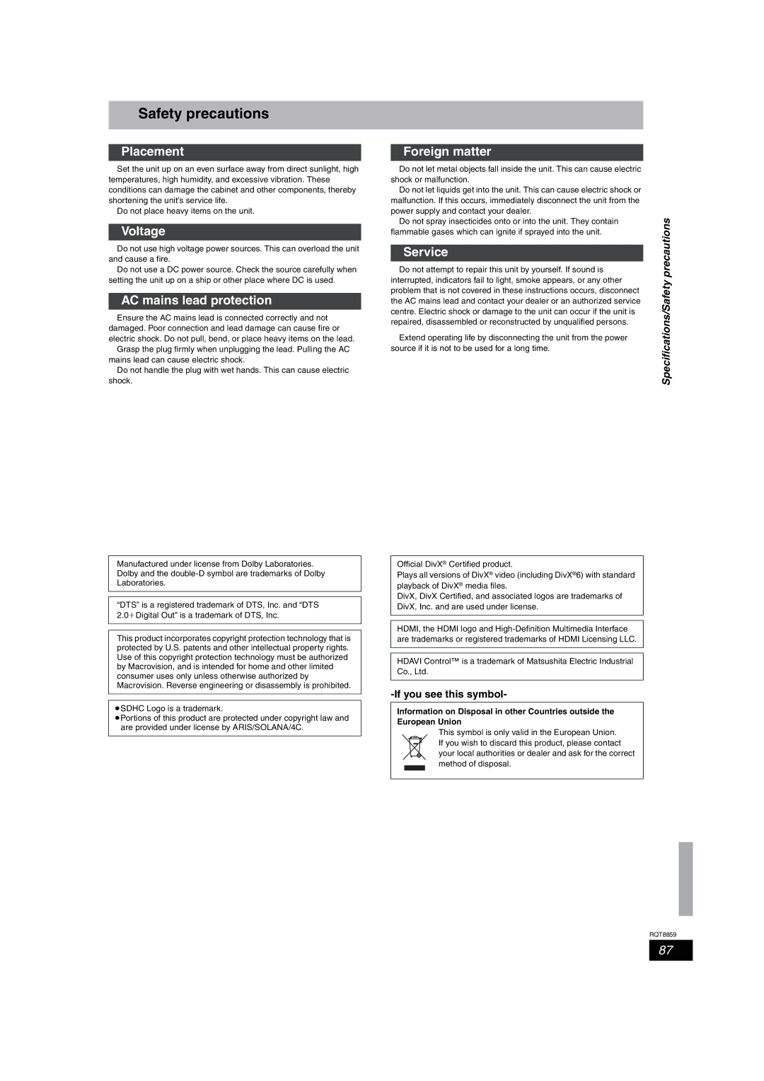 Panasonic DMR-EX87, DMR-EX77 operating instructions Safety precautions 